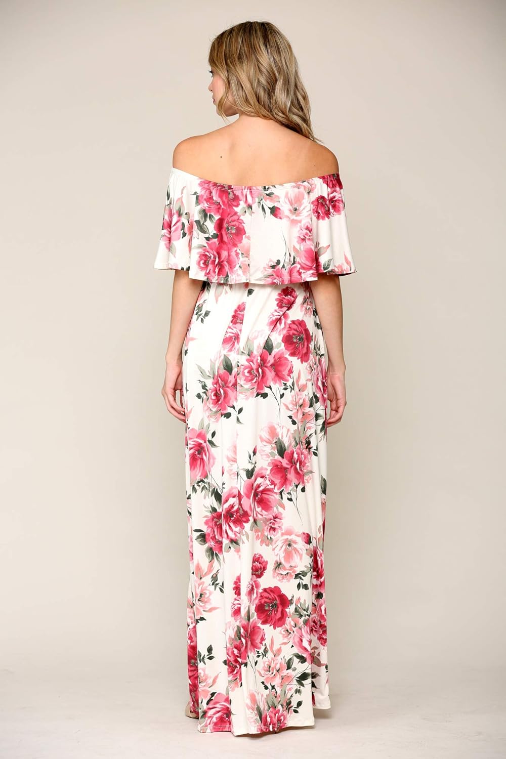 Women's Off Shoulder Ruffle Maxi Maternity Dress (Ivory/Blush Flower, S)