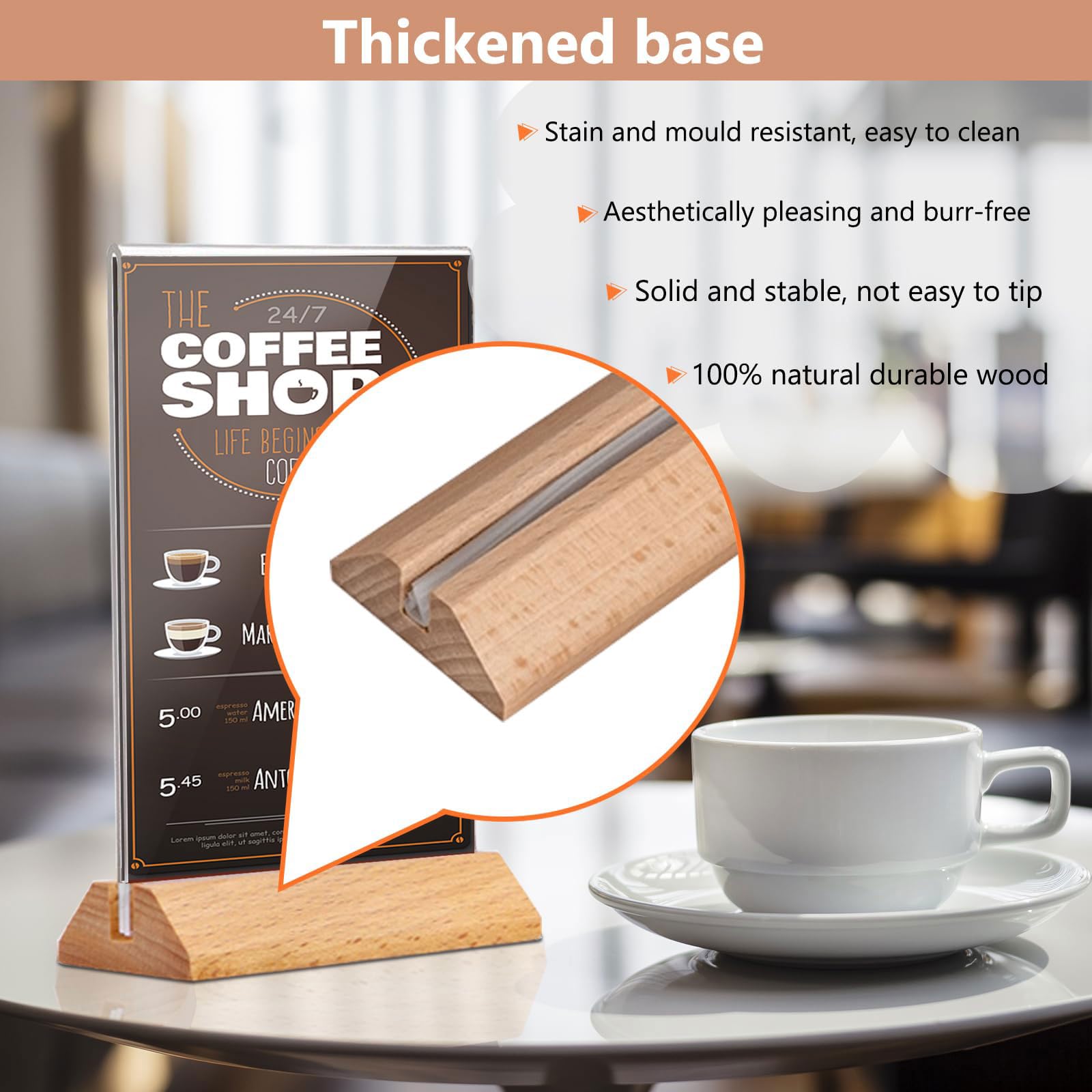 5 Piezas Base de Madera Soporte de menú,Transparente Porta Carteles acrílico,desmontable,De dos caras Claro,Con película protectora,Fácil de limpiar,para Hotel,Tienda,Restaurantes,Oficinas,Tiendas