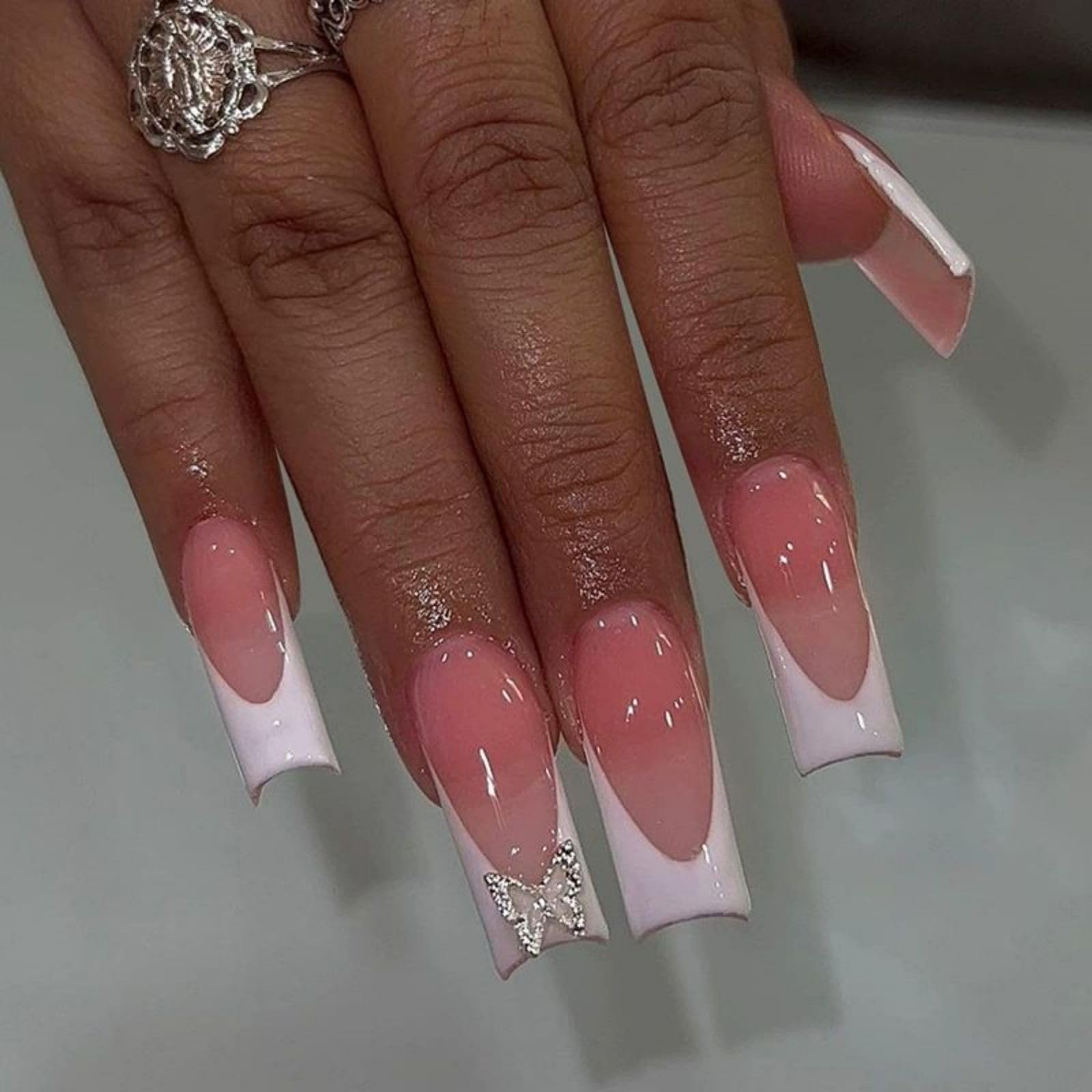 QQPPOLIU Long Press on Nails with Butterfly Design Fake Nails White French Tip Glue on Nails Pink Full Cover Acrylic Nails for Women 24pcs