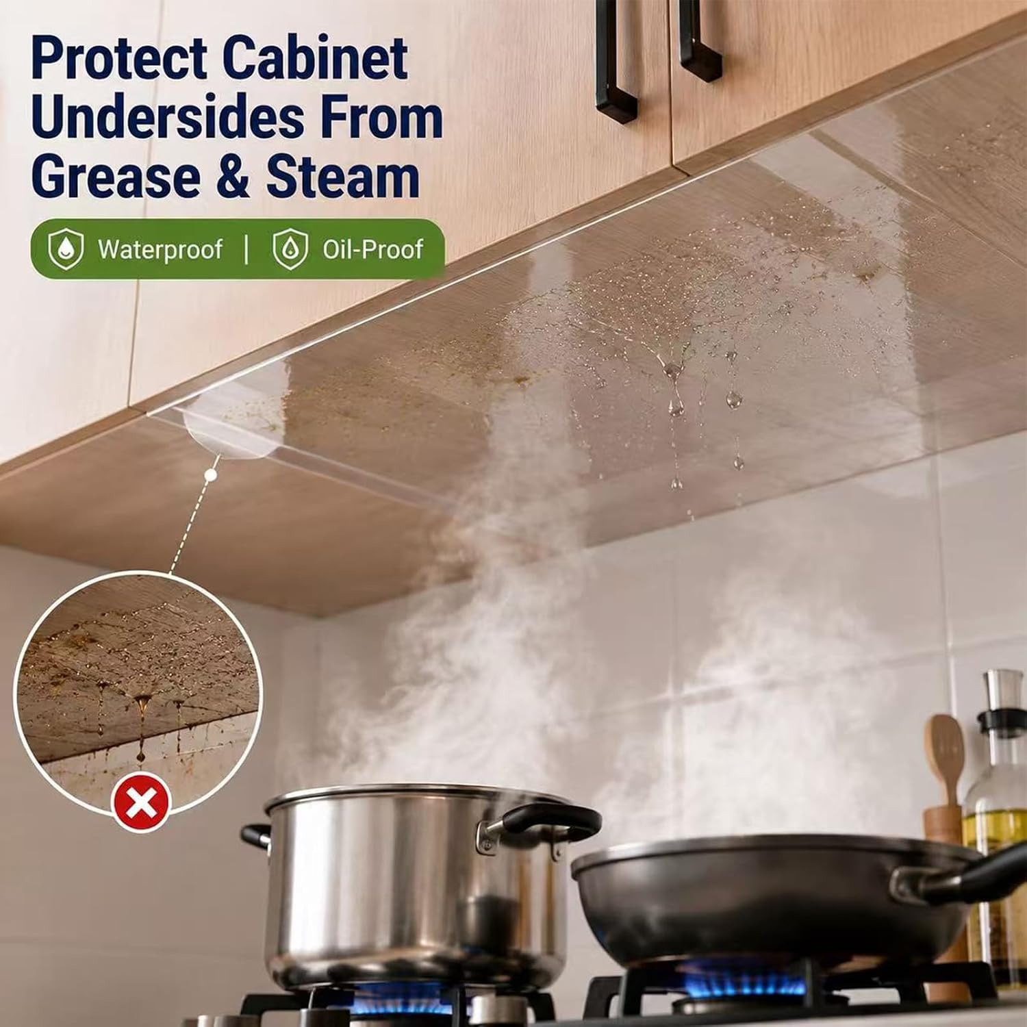 Clear Static Cling Oil Proof Film for Under Cabinet, 1 Roll Waterproof Grease Protector Liner with Cutting Knife, Heat Resistant Kitchen Wall Guard Above Stove (15.7" x 118")