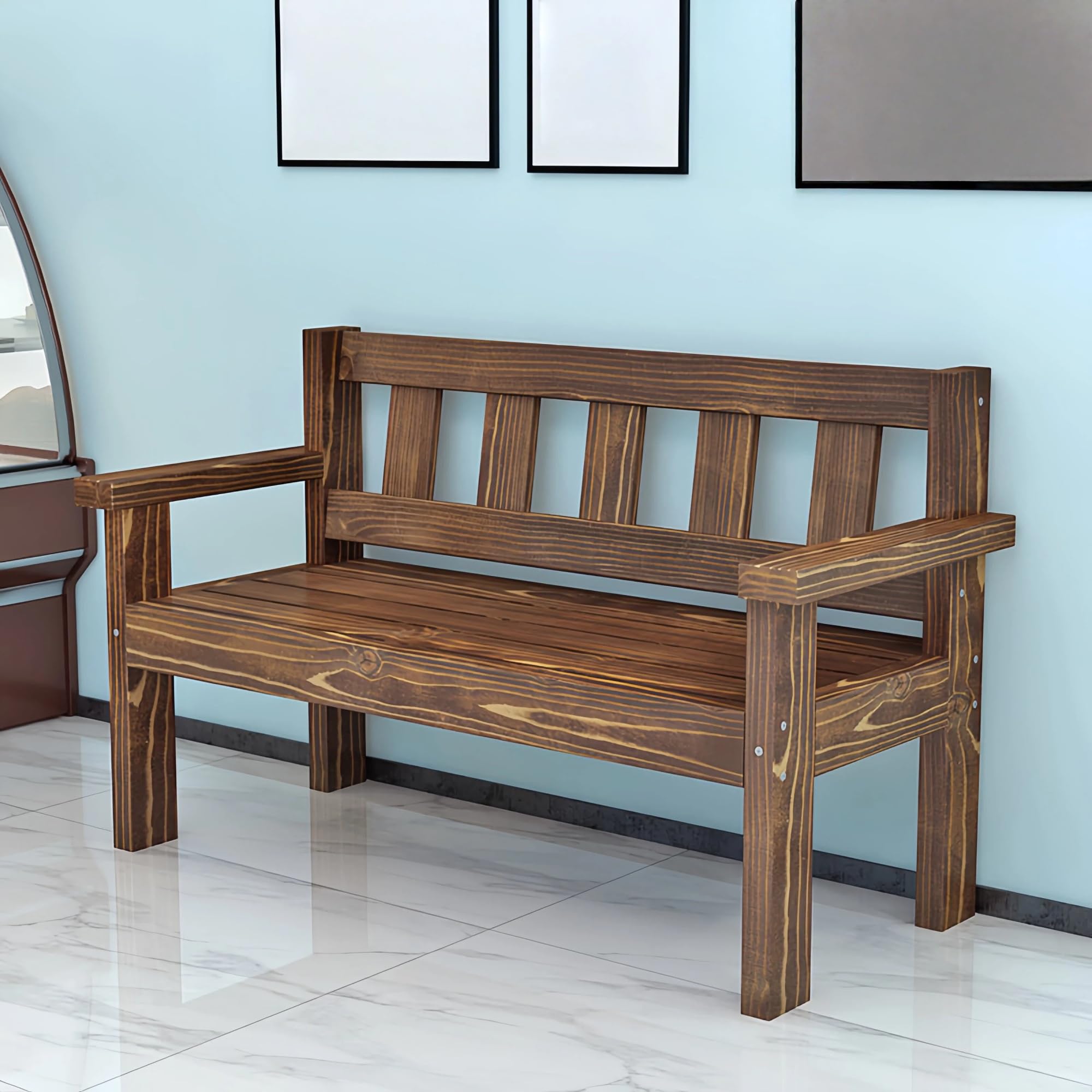 Banc de terrasse en bois carbonisé robuste avec dossier à lattes