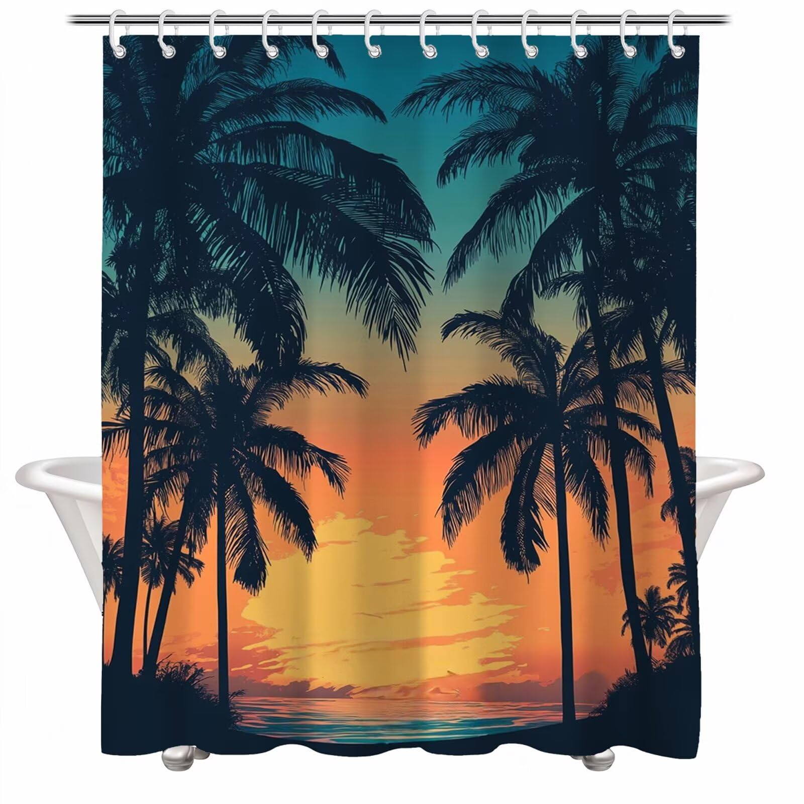 Rideau de douche orange motif arbre pour une salle de bain nature