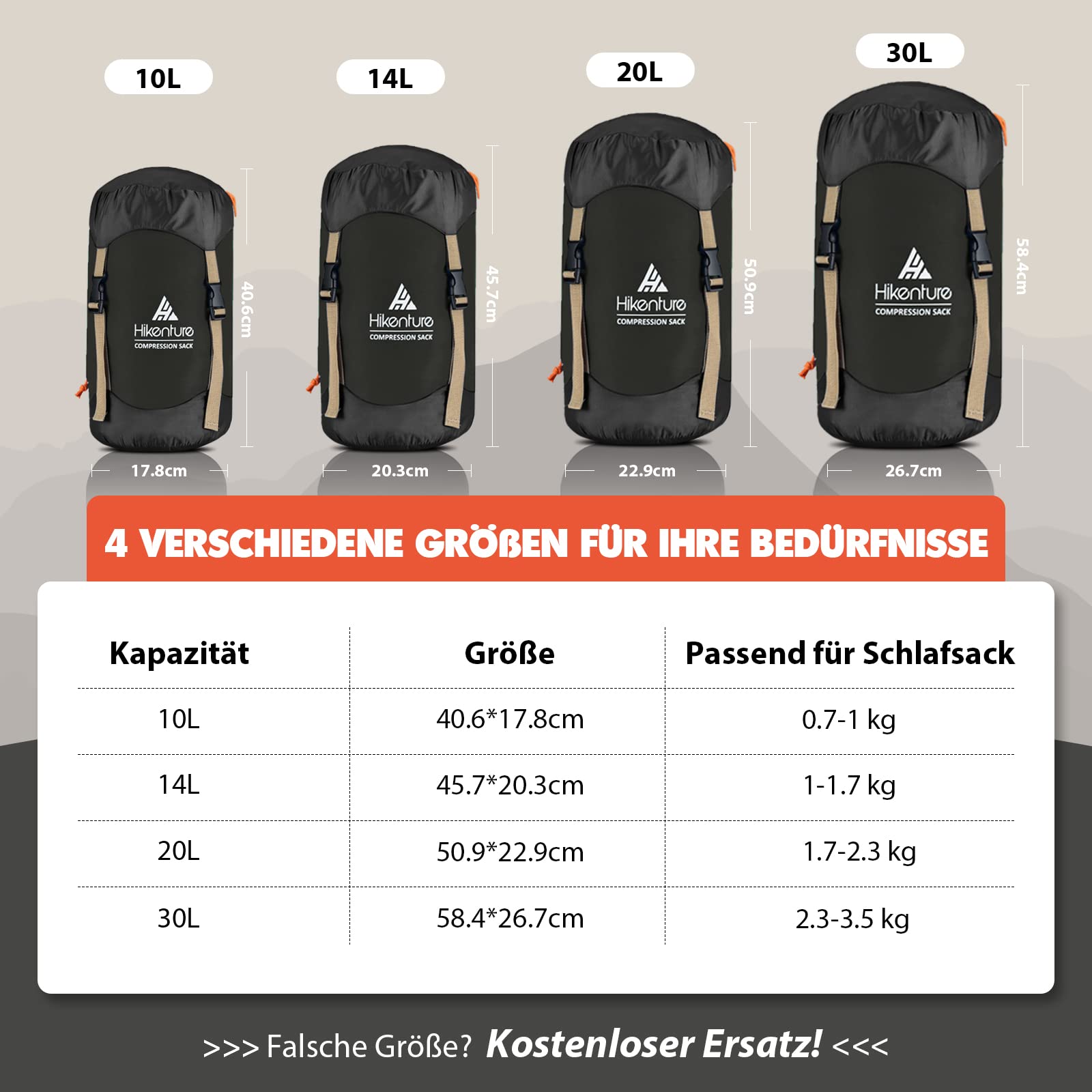 HIKENTURE Kompressionssack 10L/14L/20L/30L, 50% Mehr Stauraum! Wasserfester & Ultraleichter Kompressionssack für Schlafsack, Platzsparende Aufbewahrungstasche für Camping, Outdoor, Wandern, Reisen