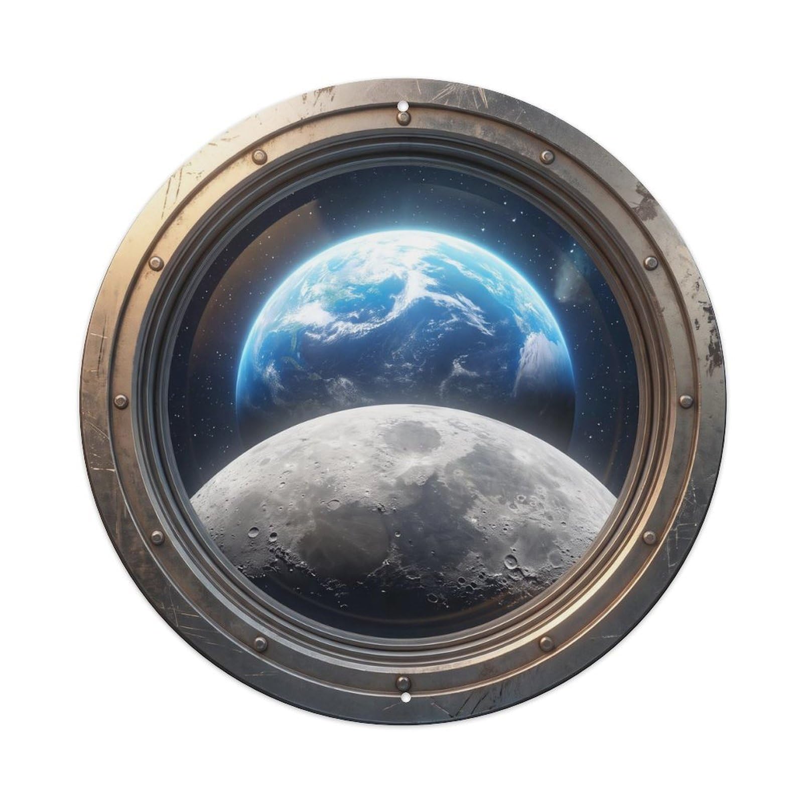 Metal Tin Sign Moon With Earth from Space Station Porthole