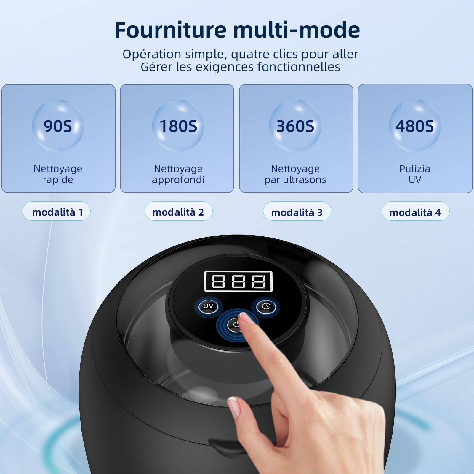 Nettoyeur Ultrasons sans Fil 48000Hz 210ML Bac Ultrasons Rechargeable Dental Pod 6 UV Lampe 4 Modes pour Prothèses Dentaires Gouttière Retainer Bijoux
