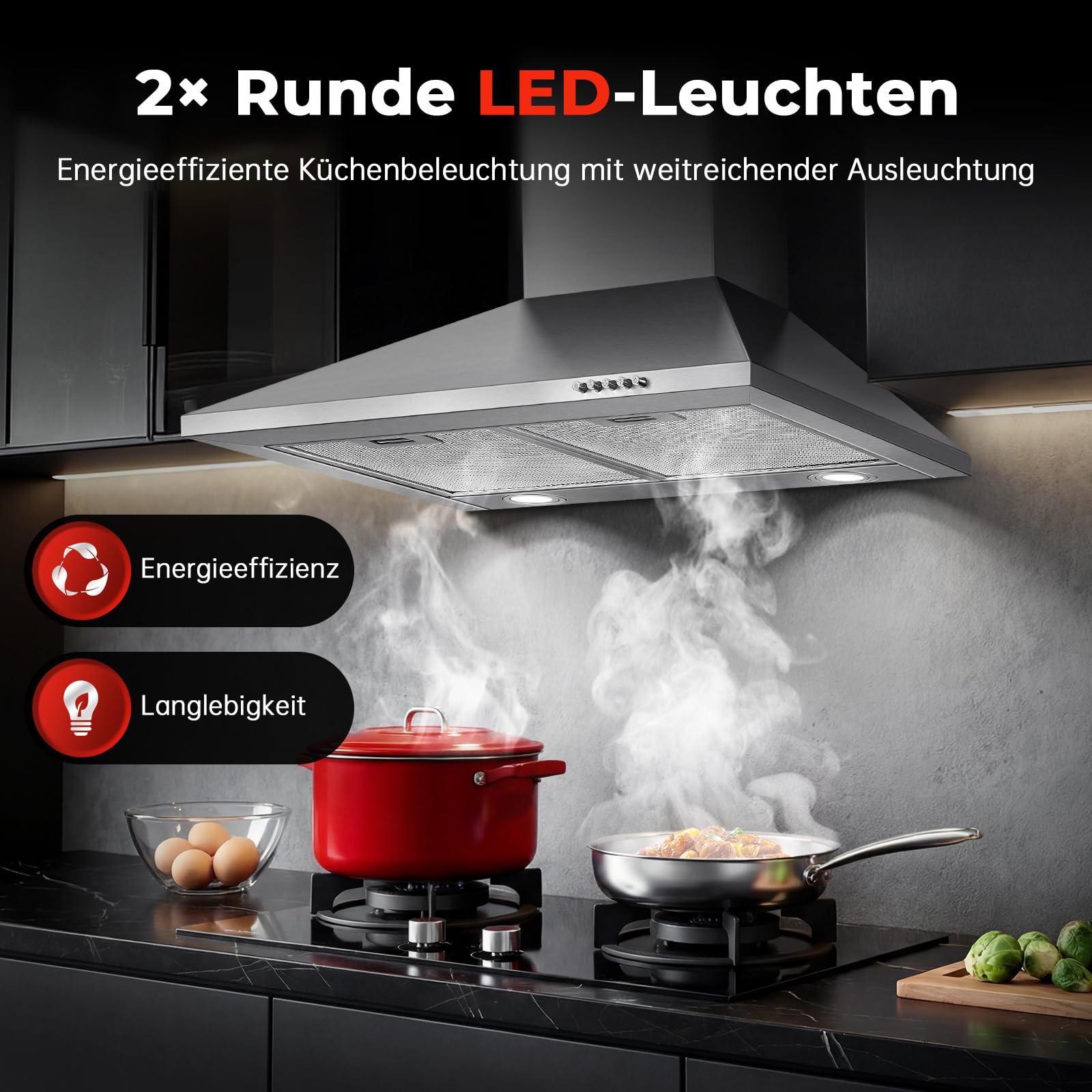 SNDOAS Dunstabzugshaube 60cm Umluft & Abluft, 450m³/h, A+++, 3 Leistungsstufen Edelstahl, LED-Licht