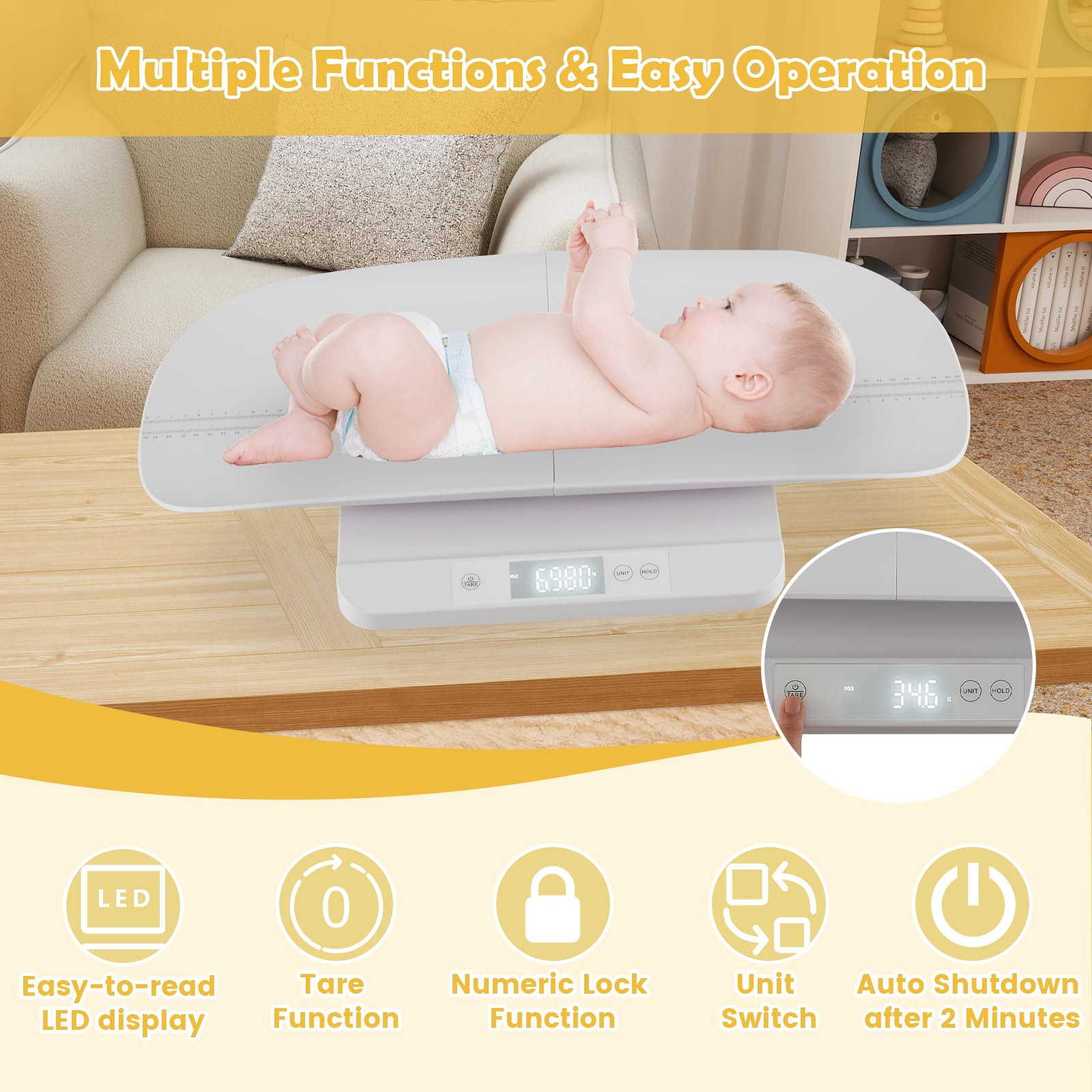 LIFEZEAL Bilancia Neonati, Bambini, Persone, Animali Domestici a 150kg, Bilancia Pesa Neonati, Musura Altezza, Smontabile, Schermo Led, Tare, Stabilizzatore, Spegnimento Automatico, Antiscivolo