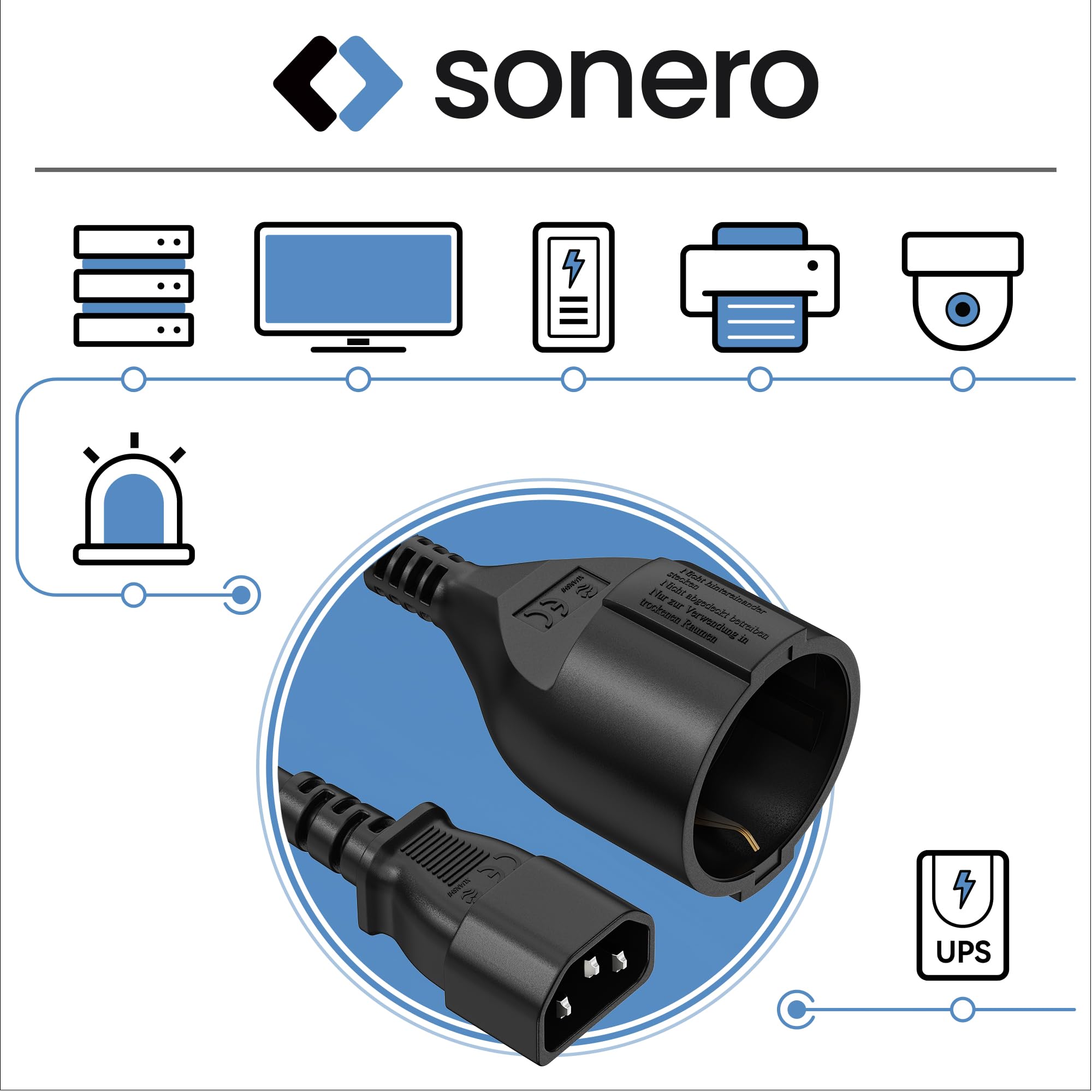 sonero adattatore cavo UPS, cavo di alimentazione da C14 a CEE7, 3 pin, 1,00m, robusto cavo per alimentatore, computer, workstation, sistemi di sicurezza, monitor, spina di rete, nero