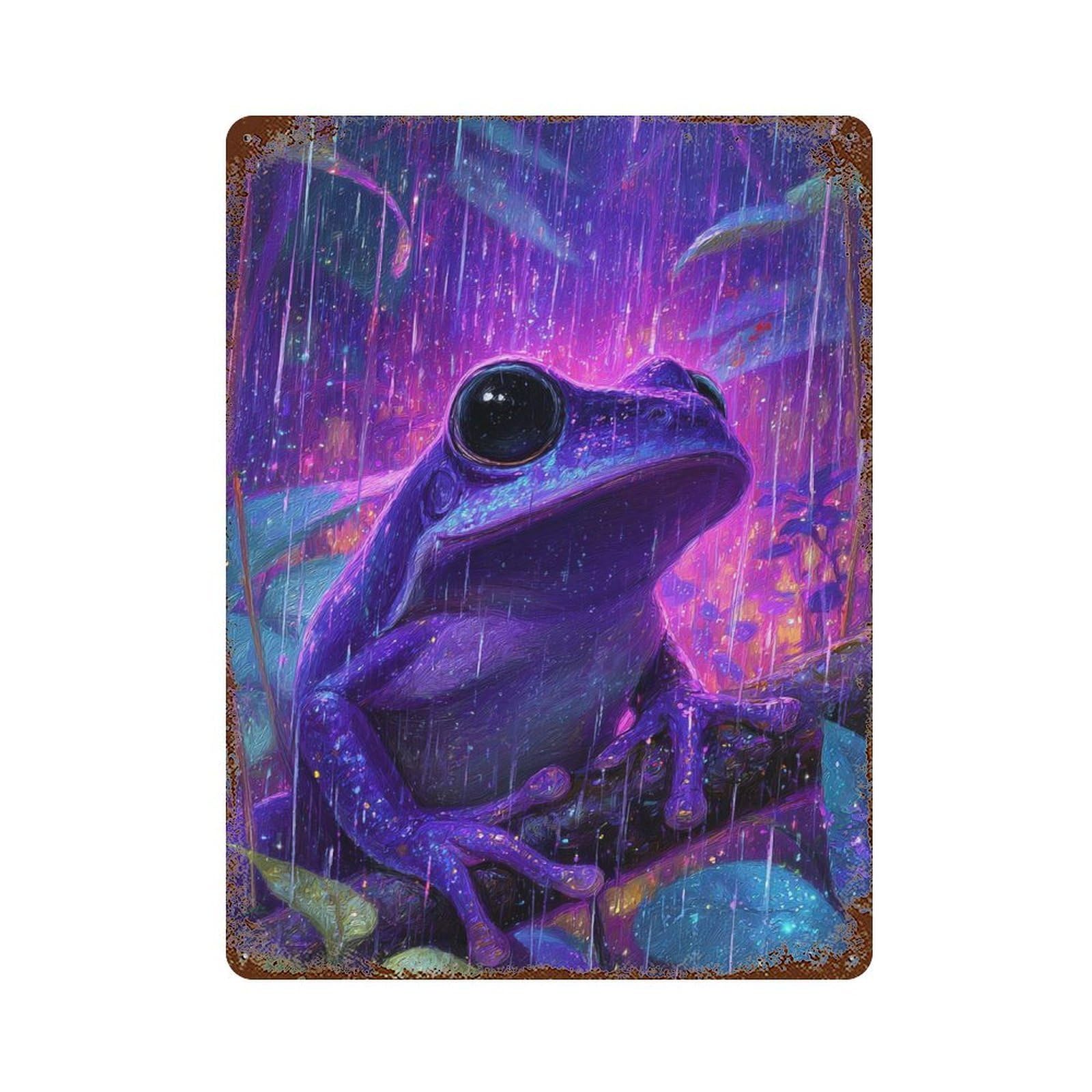 Purple Rain Frog Art Print 15.7"x11.8" Distressed Metal Wall Sign, Shabby Chic Decor for Shed, Workshop And Garage Wall Decor