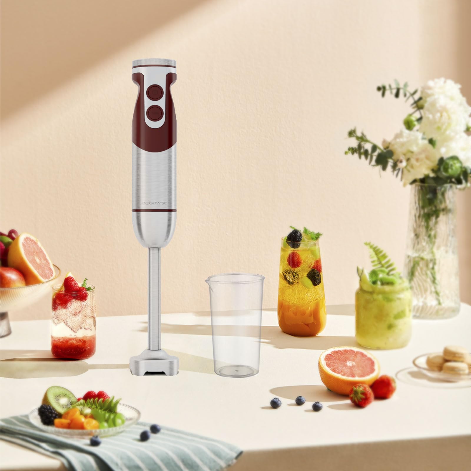 MegaWise 5-in-1 Stabmixer-Set, 400W Stabmixer mit variabler Geschwindigkeitsregelung, inklusive Schneebesen, Milchaufschäumer, Zerkleinerer und Messbecher für Smoothies, Suppen und Babynahrung – Rot