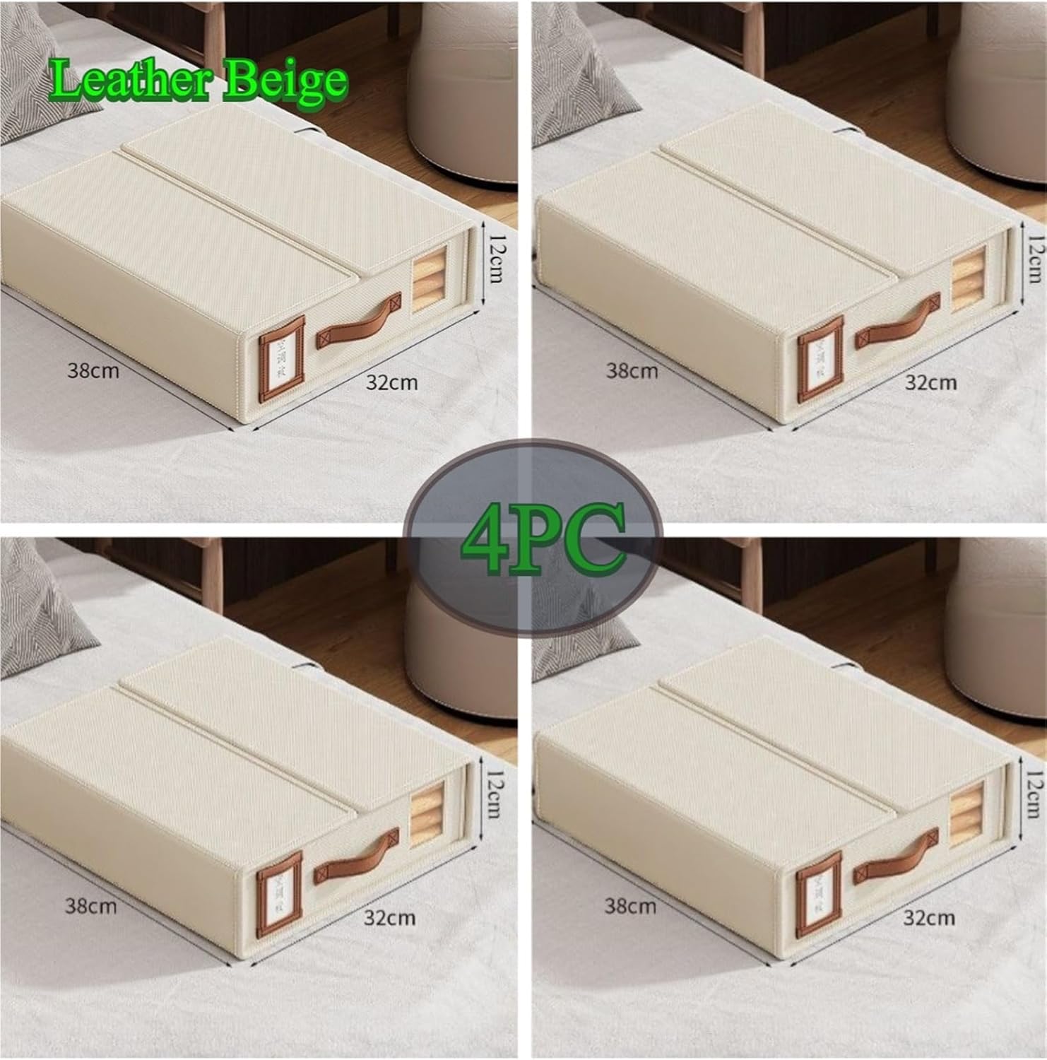 Underbed Storage Bins 4PC Fabric Organizer Box Foldable Breathable Collapsible Storage With Leather Handle For Bed(Leather Beige4PC)