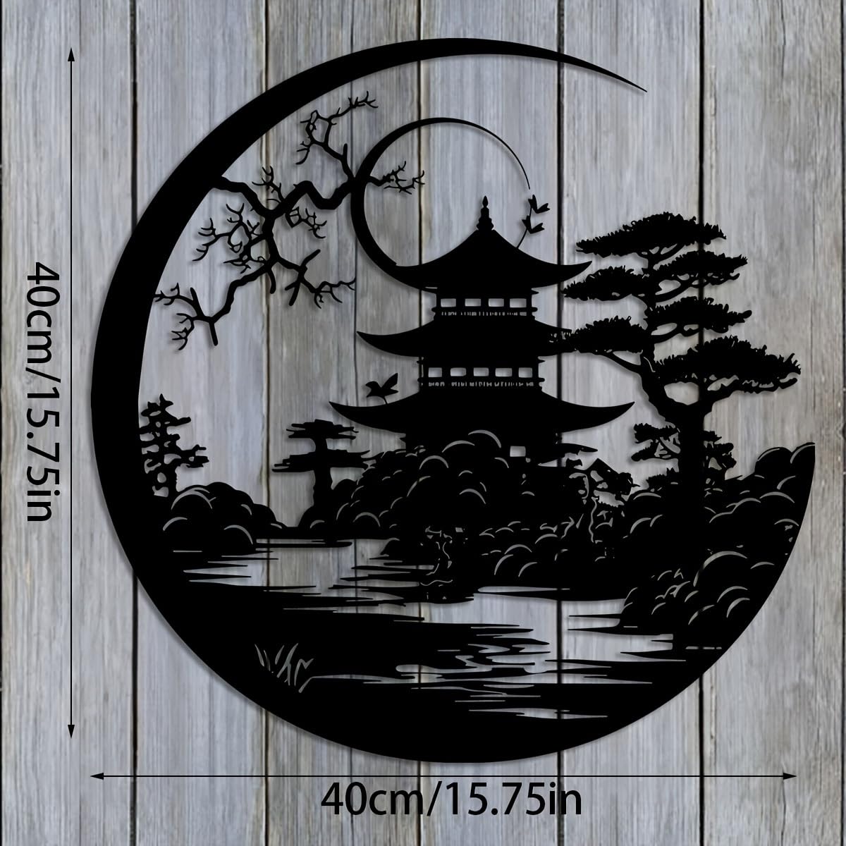 Decoración de pared abstracta contemporánea de metal, arte Art Déco, puerta Torii, 40 x 40 cm, pagoda japonesa y escena de la naturaleza, escultura de hierro, para interiores y exteriores, elegan