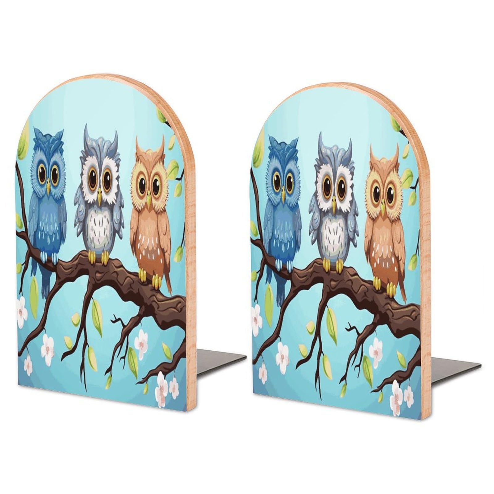 Owls on A Branch Bookend for Shelves Non-Skid Book Holder Modern Heavy Duty Bookend Stopper Metal Base Wood Book End Books Shelf Holder Home Decorative 1pair 6.7x3.9x4.7