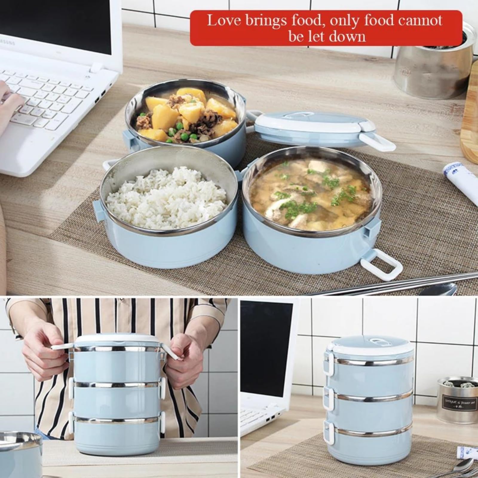 Stakowana lunchbox ze stali nierdzewnej 304 z ukrytym uchwytem, 3-warstwowy szczelny pojemnik na jedzenie, przenośny izolowany Bento Box do biura, szkoły, na piknik i podróż,Pink