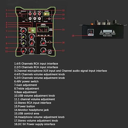 Miniatura 9 de Mezclador de audio de 5 canales, mezclador de audio profesional, consola de tablero de sonido, controlador de DJ portátil de 5 canales, mezclador de