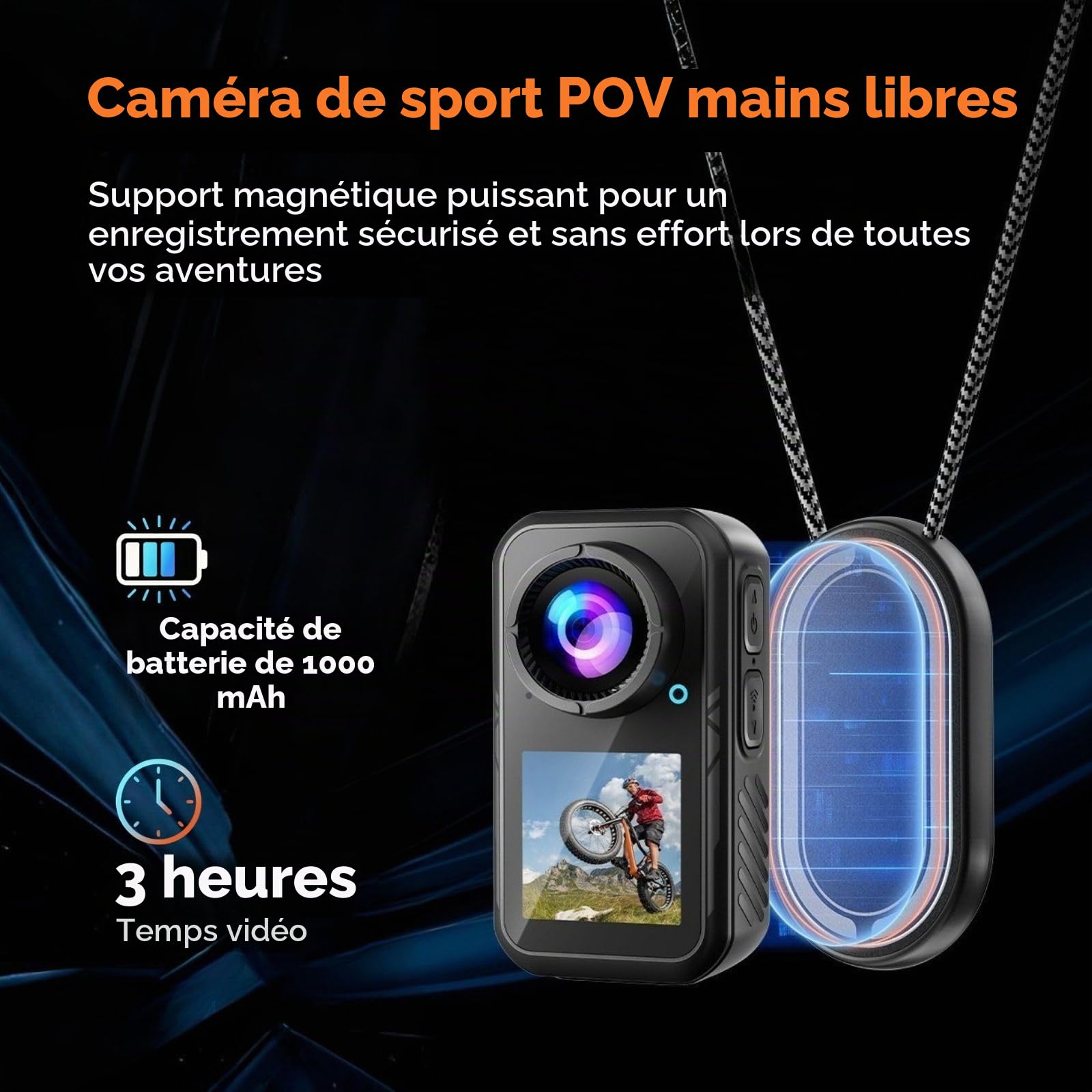Caméra Sport 5K 64MP, Mini Caméra d’Action Magnétique 66g, Double Écran 1,3", Caméra Vlog POV pour Vélo & Voyage, Stabilisation 1080P, Étanche 30M avec Boîtier, Carte 64Go