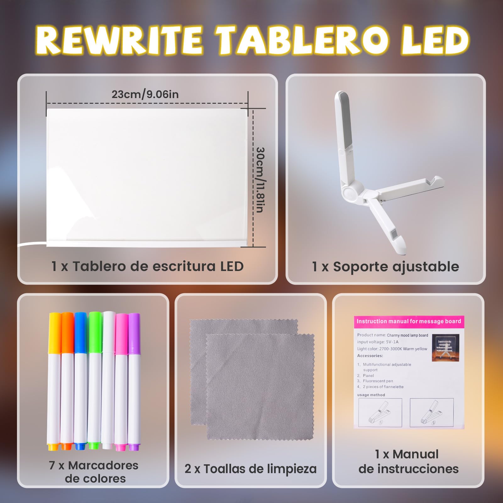 Lustaled Tablero de dibujo LED, tablero acrílico con luz LED para garabatos con bolígrafo de 7 colores, 30 x 20 cm con soporte, tablero mágico de mensajes de escritura LED para niños, tablero de notas