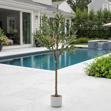 GarveeHome 4FT Faux Olive Tree, Indoor Artificial Potted Olive Tree with White Planter, Lifelike 14 Fruits and Realistic Leaves, Modern Fake Tree for Home House Office Patio Decor Gift