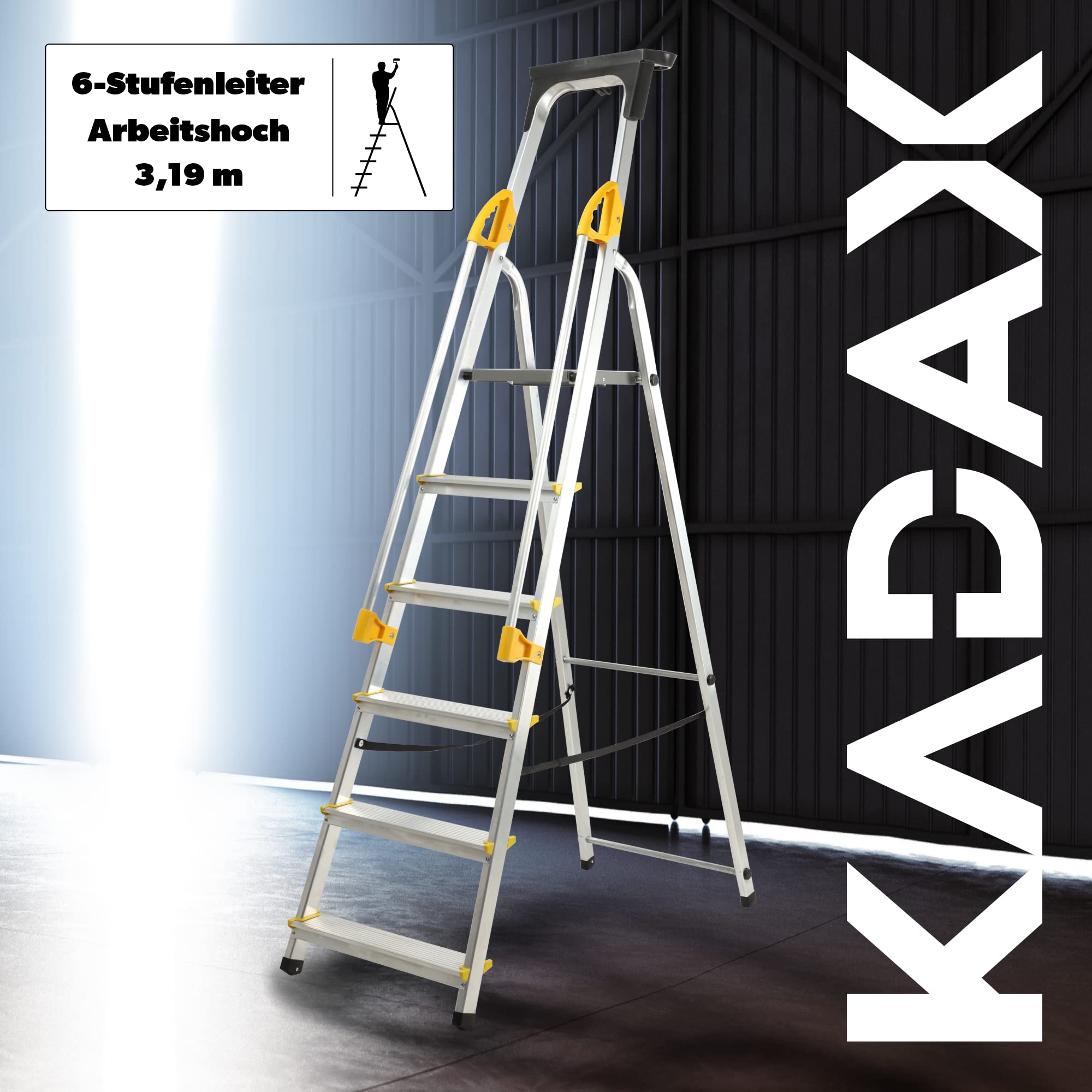 KADAX Aluleiter 6 Stufen, klappbare Stehleiter mit Handlauf, belastbar bis 150 kg, Trittleiter mit Fach für Pinsel und Antirutsch-Füßen