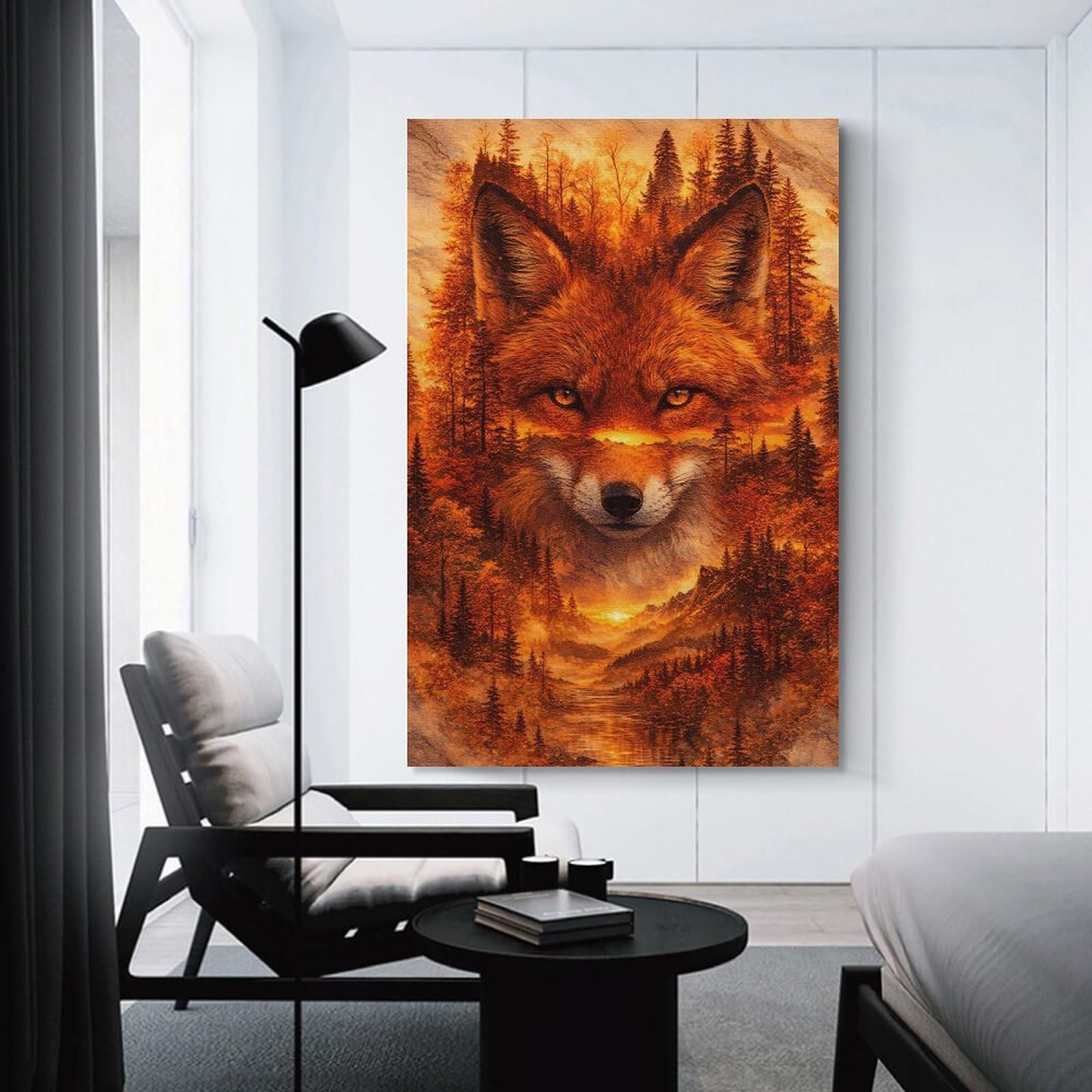 Junmoney Fox And Forest Double Exposure Art Room Decor Wall Art, 24x36inch(60x90cm), for Office, Study Or Home Workspace, Decorative Artwork for Productive Spaces