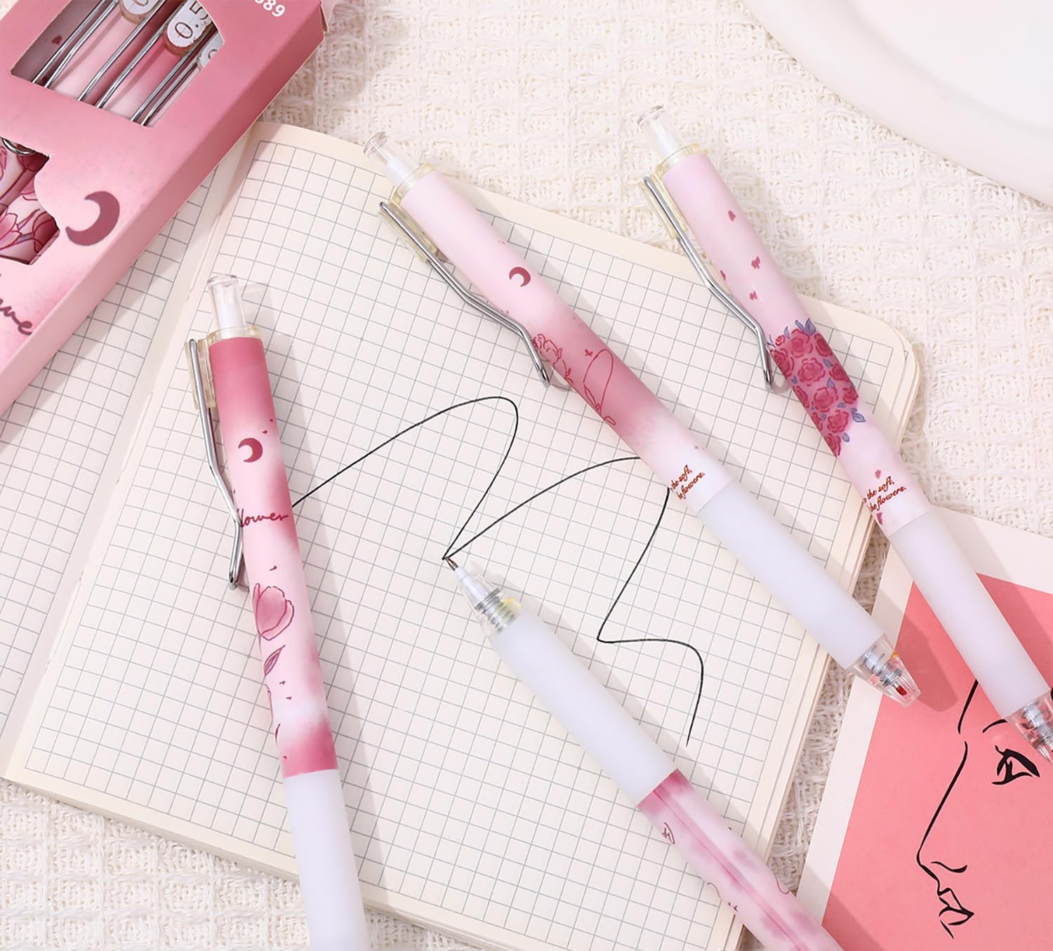 8PCS Cute Retractable Pens Rose Aesthetic Gel Pens Ink Writing Pens with 0.5 mm Smooth Fine Point Novelty Printing Pens Office Supplies for Women Men (rose 8pcs) image 4