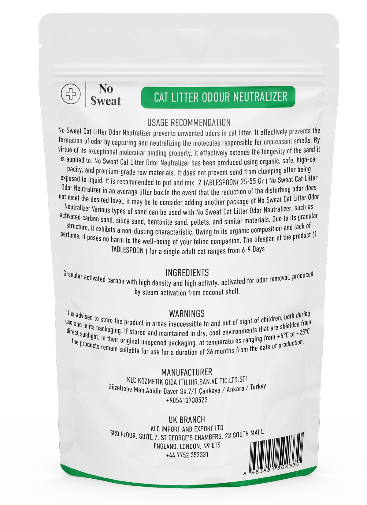 No Sweat Neutralizador de olores de carbón activado para gatos, hecho de cáscara de coco, todo natural, sin productos químicos, ingredientes tóxicos, sin perfume, apto para el planeta, paquete