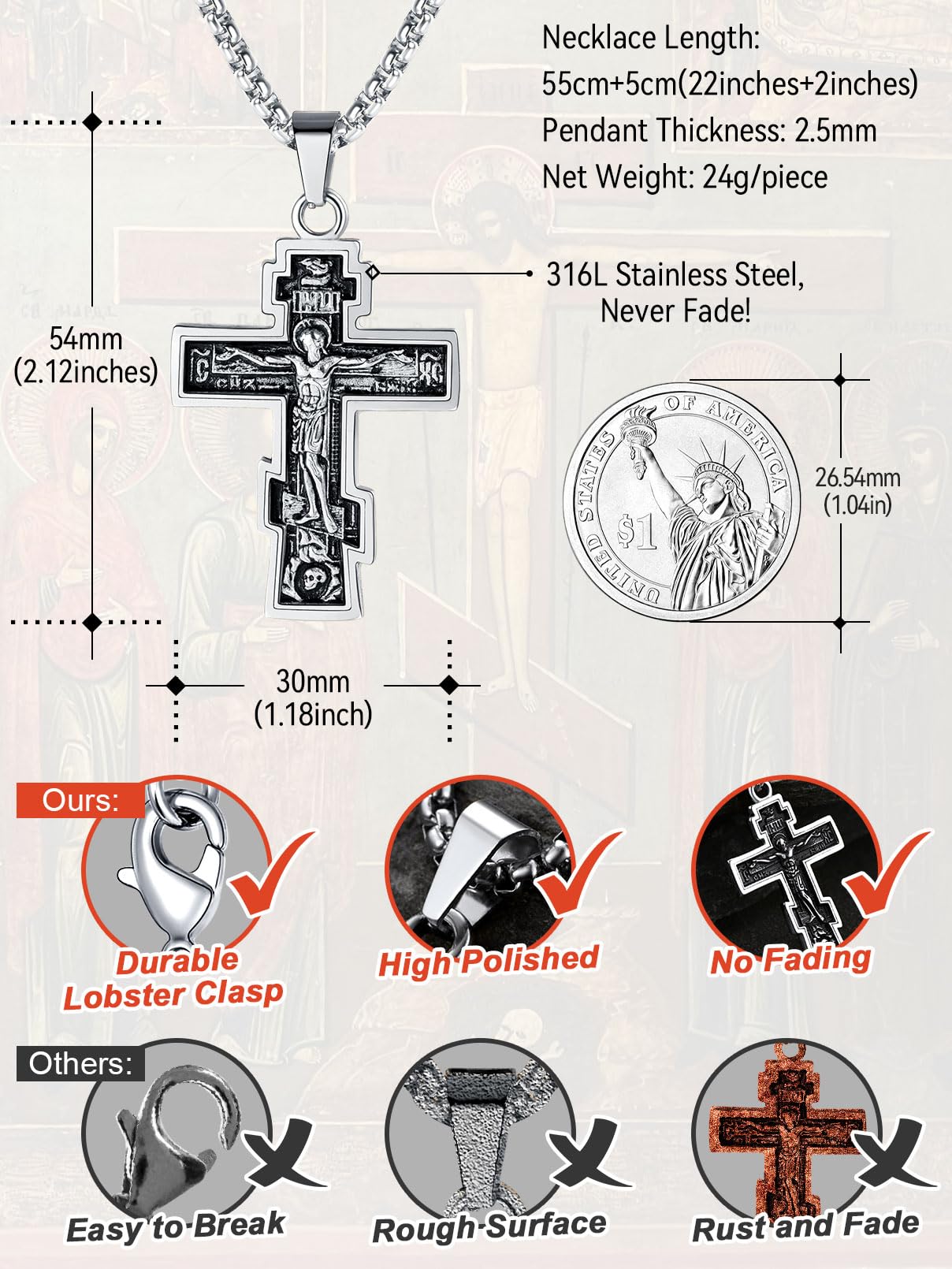 FaithHeart Orthodox Kreuz Kette mit Inri Jesus für Herren Damen, Punk Halskette mit Kreuz des Orthodoxen，Kette mit Anhänger für Orthodoxe Christen