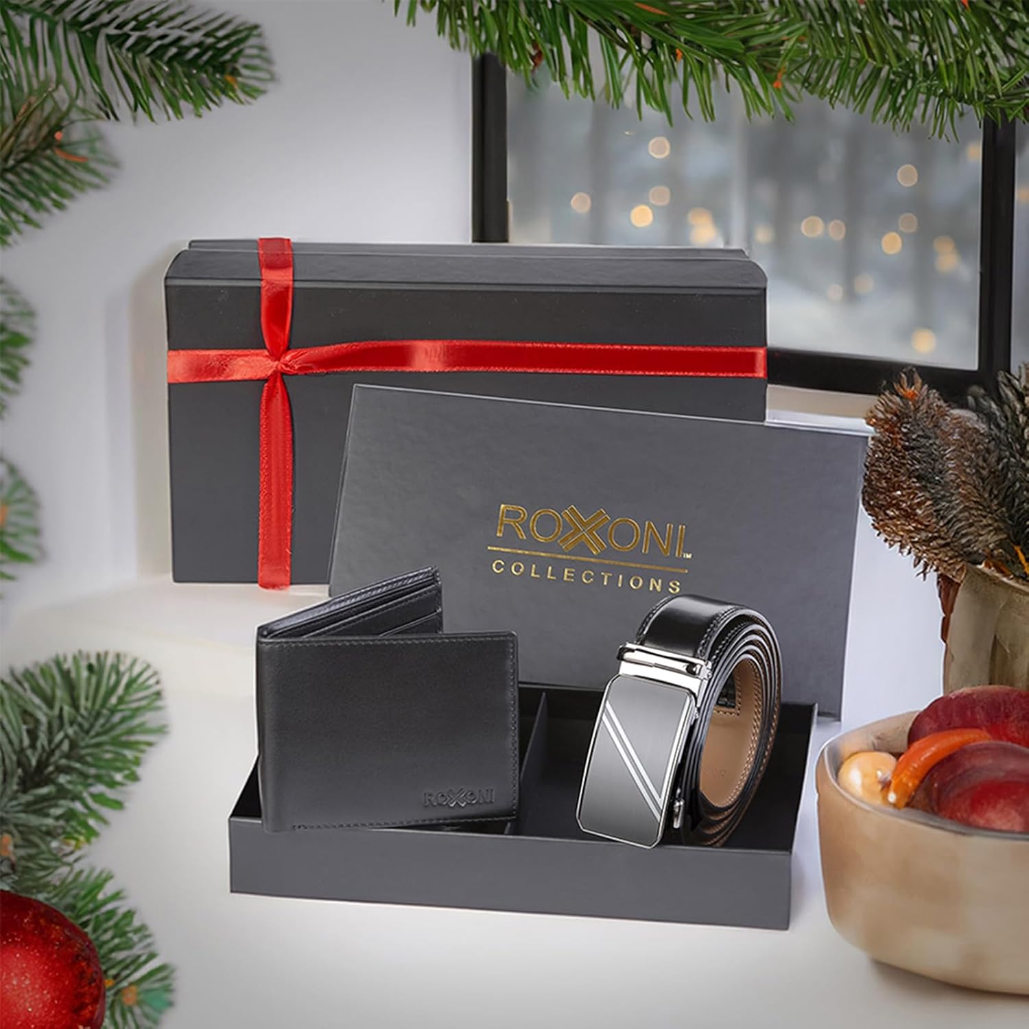 Roxoni Men's Ultra Soft Geniune Leather Rachet Belt & Wallet Gift Box - Image 2