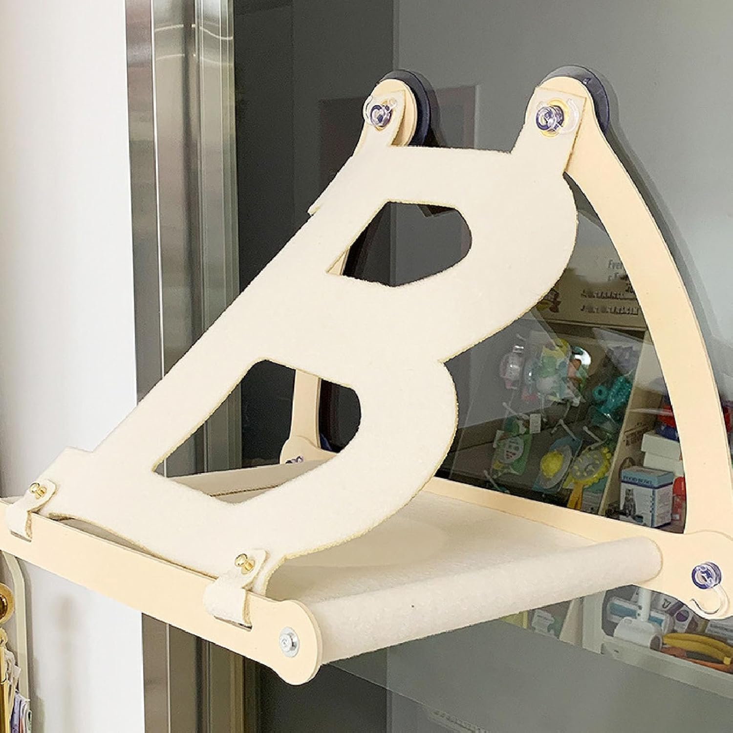 Wooden Cat Window Perch, Cat Window Hammock Bed with Four Suction Cups, Detachable Soft Pet Bed for Cats to Lounge and Watch Outdoor Views (Beige)