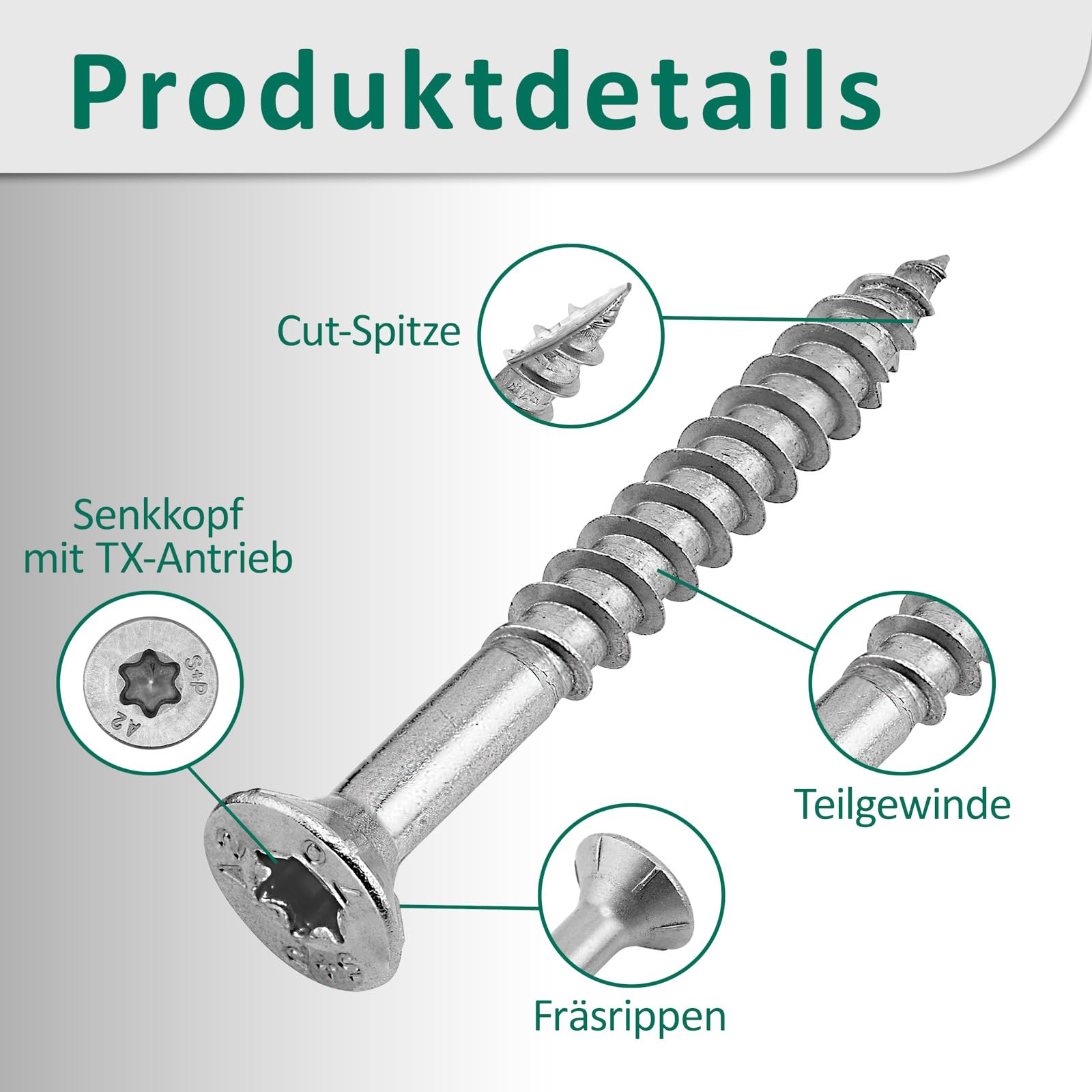 DSM – Tornillos para madera de acero inoxidable A2 – 8 x 220 mm – Tornillos de cabeza avellanada TX40 – Con refuerzo en la base, nervaduras de fresado y punta cortante – Muesca de corte – Tornillos