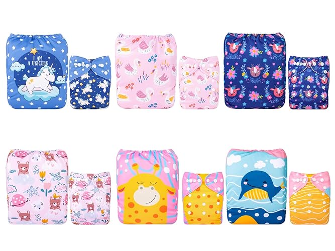 ALVABABY Baby Cloth Diaper 6 Pack with 12 Inserts One Size Cloth Diaper Covers Adjustable Washable Reusable for Baby Girls and Boys