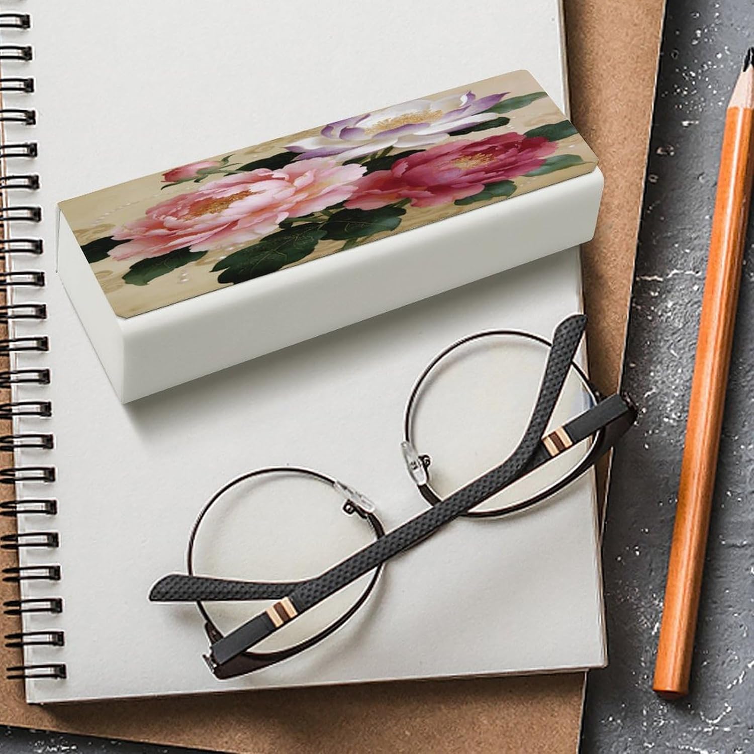 Unique Flower Pattern Eyeglasses Case with Cleaning Cloth Hard Shell Leather Glasses Case Lightweight Spectacle Case Box Portable Travel Sunglasses Case for Women Men image 4
