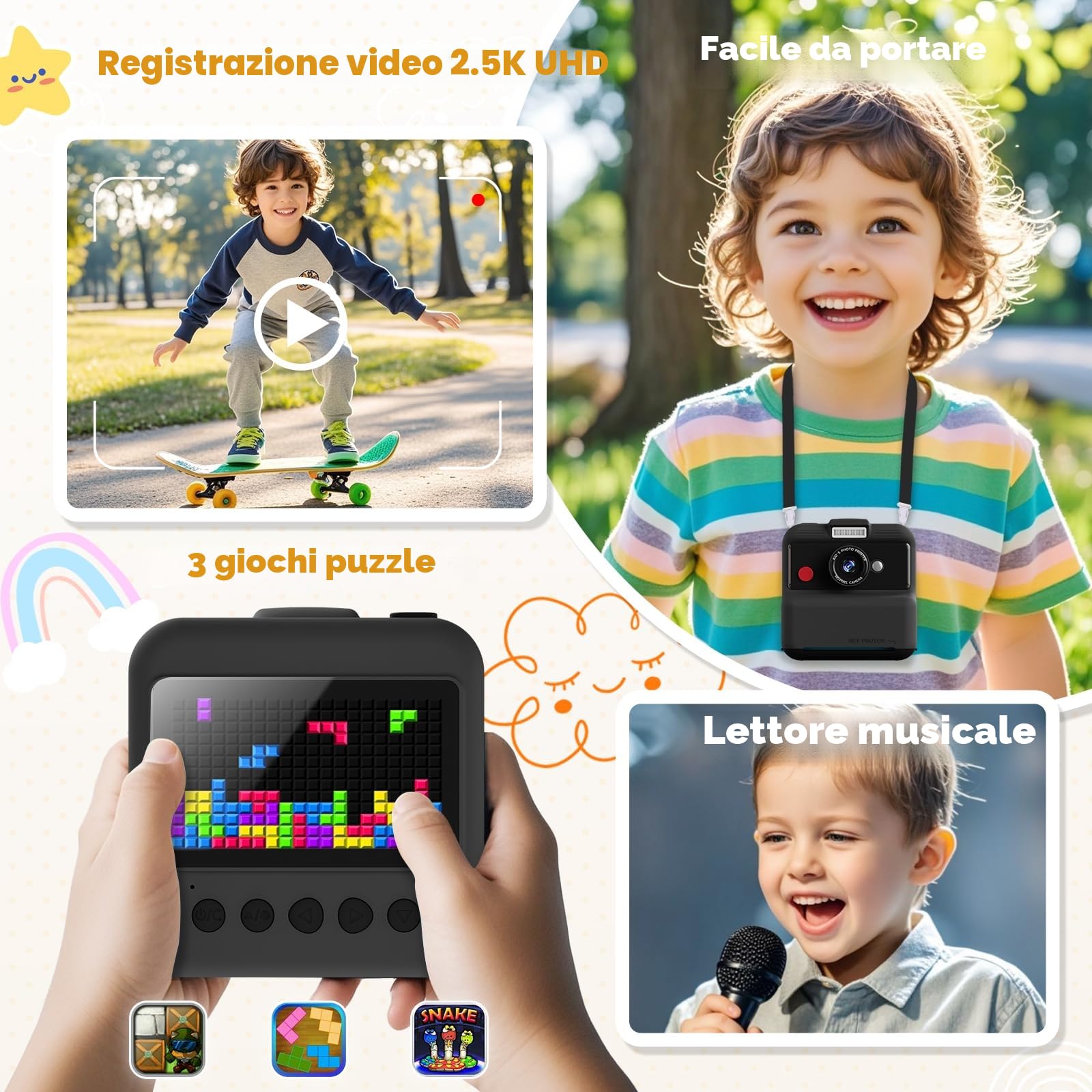 CAMCLID Macchina Fotografica Istantanea Bambini 48MP 2,5 UHD 3,0 Pollici con Scheda 32GB Nero