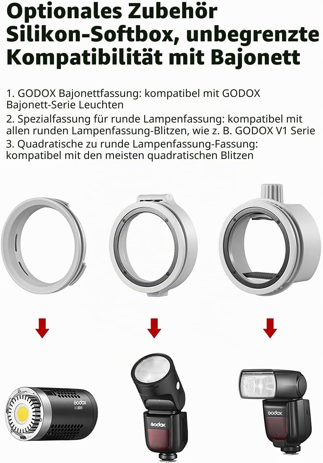 GODOX ML-CD15 Diffusion Dome Kit für ML30 MLBI ML60 ML60BI TT600 TT685S TT685 V860II TT520II V1S V1C V1N V1F V1O V860III-S TT685S AD100PRO AD200PRO AD300PRO AD400PRO (inklusive 3 Adapter)