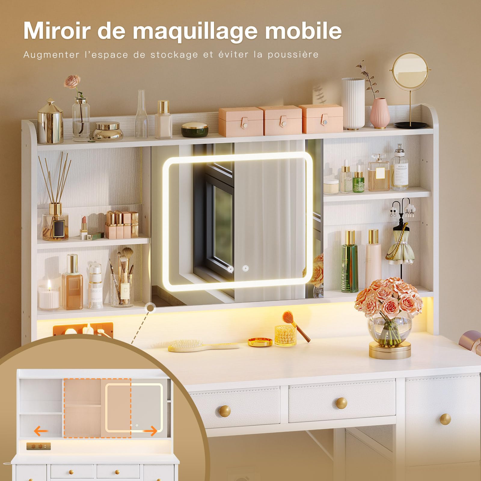 ODK Coiffeuse avec Miroir LED Mobile, 110×40×137cm Table de Toilette avec Prises USB intégrées & Bande Lumineuse RGB, Table de Maquillage avec 8 tiroirs, Bureau de Maquillage Blanc