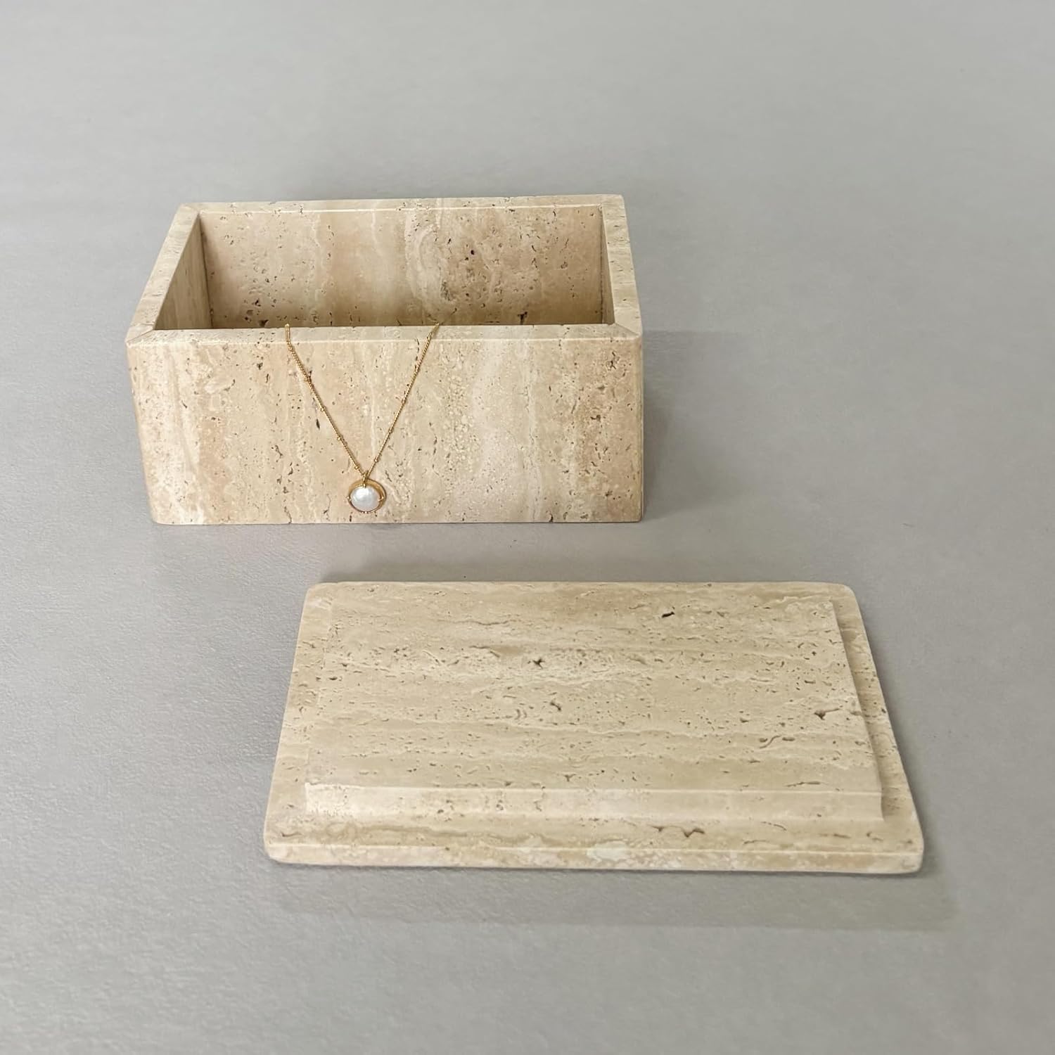 7.5''x4.3''x3.6'' Vintage Natural Marble Stone Rectangle Trinkets Jewelry Sundries Storage Large Box Container with Lid (Beige Travertine)