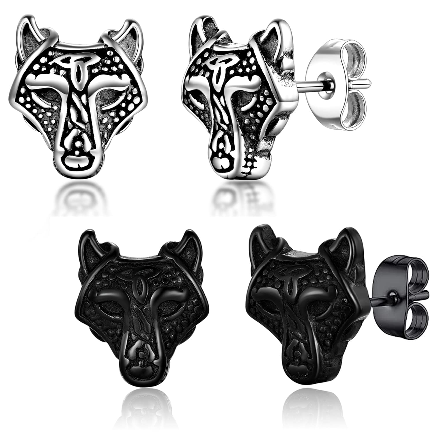 SIISPRI Celtic Wolf Stud Earrings For Men Women Norse Viking Stainless Steel Jewelry,Trendy Animal Earrings Hypoallergenic