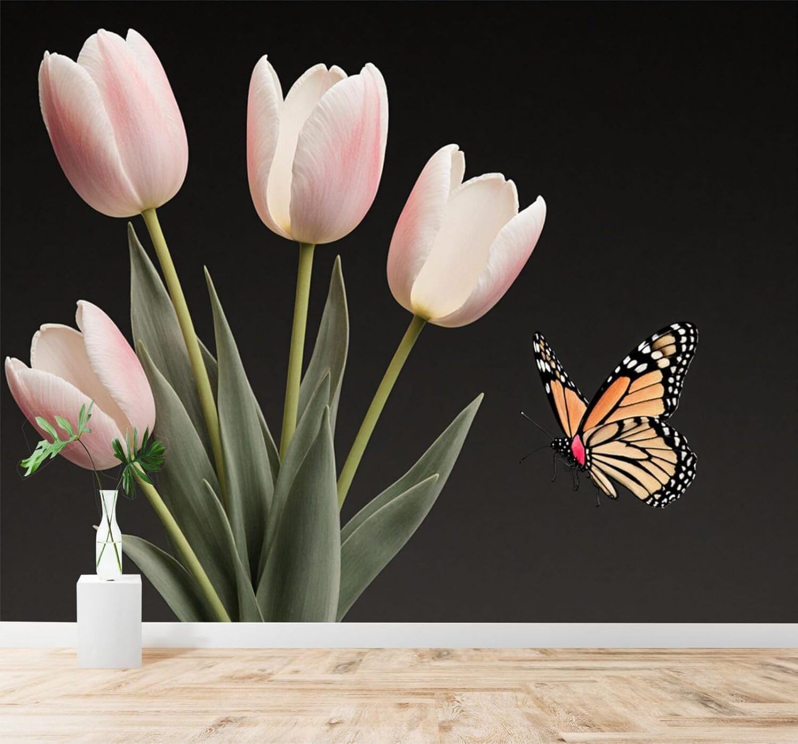 XLMING Three Dimensional Butterfly Beautiful Pink Tulip Elegant Plant 3D Wallpaper Silky Texture Home Study Office Grey Dining Room Sofa Bedroom Living Room TV Backdrop-200cm×140cm