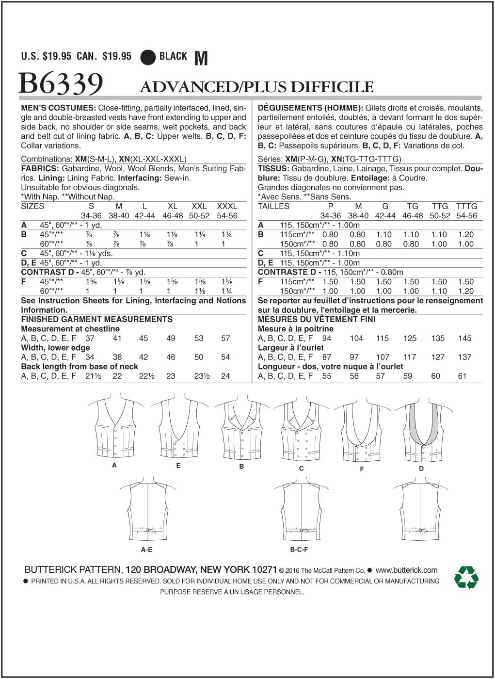Butterick Patterns B6339 Single or Double-Breasted Vests, XN (X-Large-XX-Large-3X-Large)