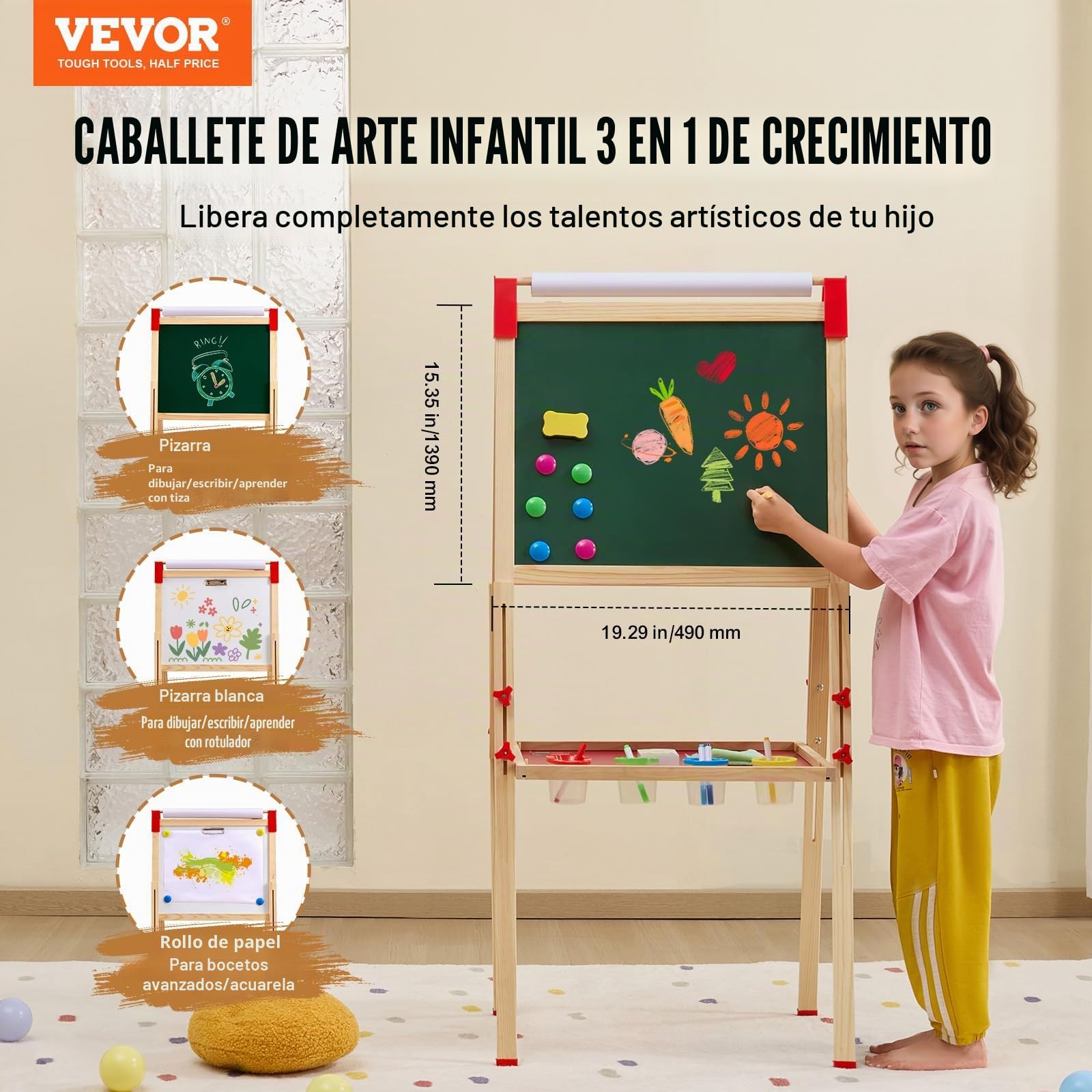 VEVOR 3 en 1 Caballete de Arte Caballete de Madera de Doble Cara para Niños con Pizarra Magnética, Pizarra y Rollo de Papel, Tablero de Dibujo Ajustable con Accesorios de Pintura para Niños