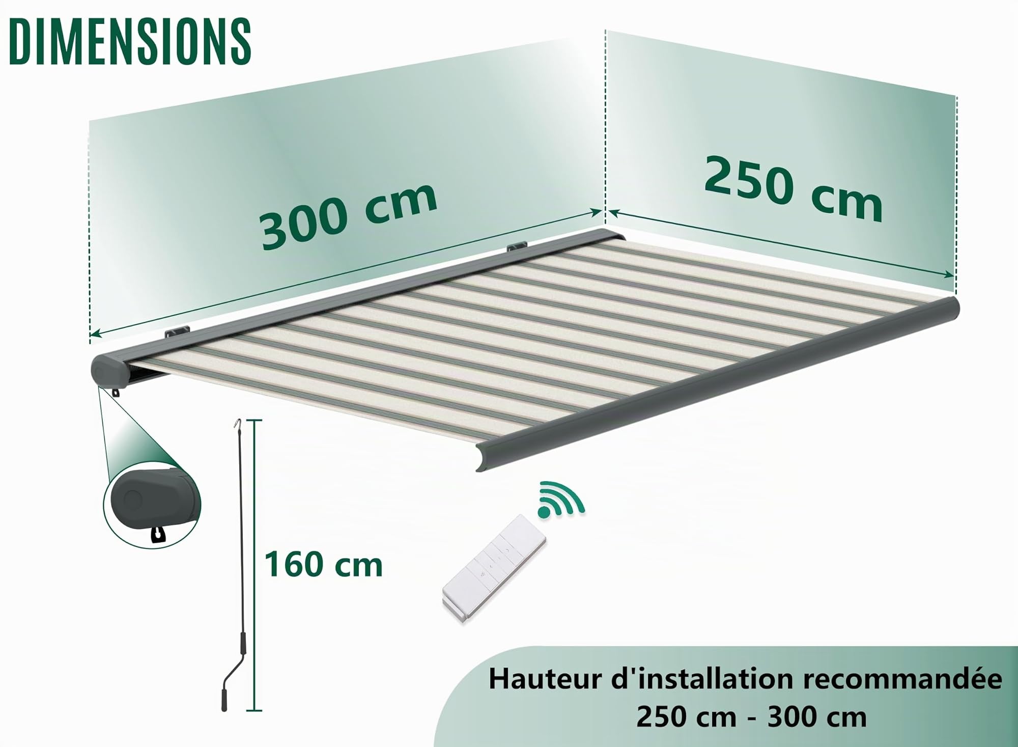 Canopée Store Banne Motorisé et Manuel Ombra 3x2.5m - Beige et Vert - Double Commande - Aluminium - Protection UV 280g/m²