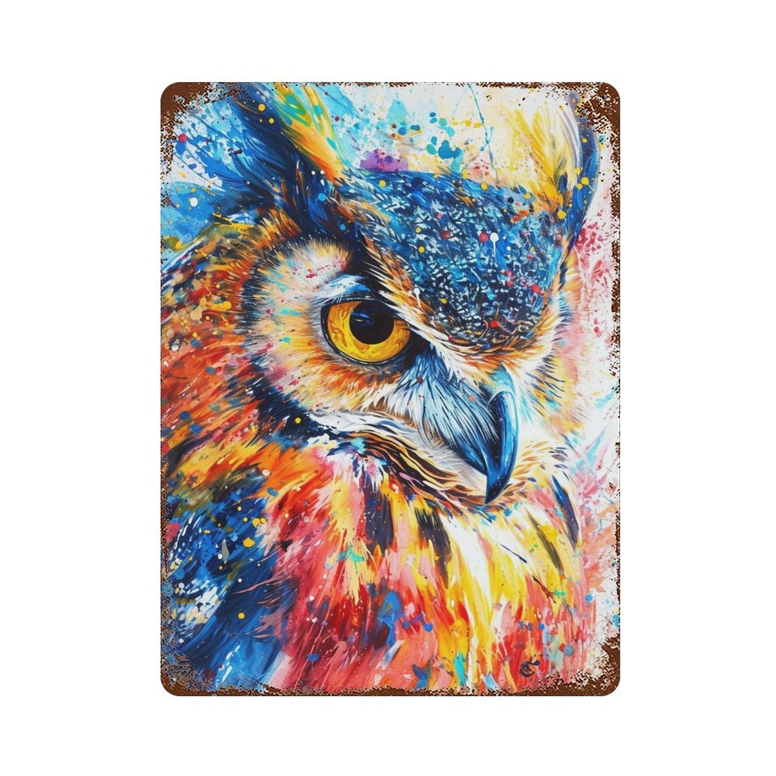 Colorful Abstract Owl Painting Weathered Tin Sign 15.7"x11.8", for Shed, Workshop And Garage Wall Decor, Decorative Metal Wall Art
