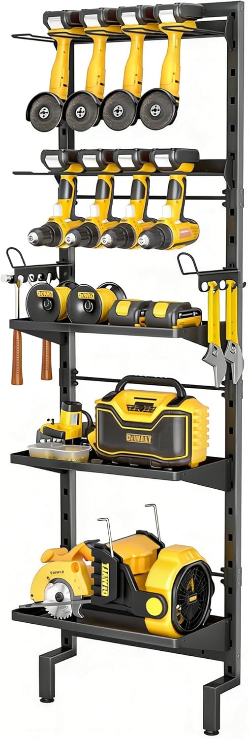 BUKFEN Garage Tool Storage Rack, Wall Mount 5-Tier Heavy Duty Metal Organizer with 8 Drill Holder Slots, Adjustable Shelves, Side Hooks Workshop Utility 1 Pack Black Vertical Space-Saving Organization