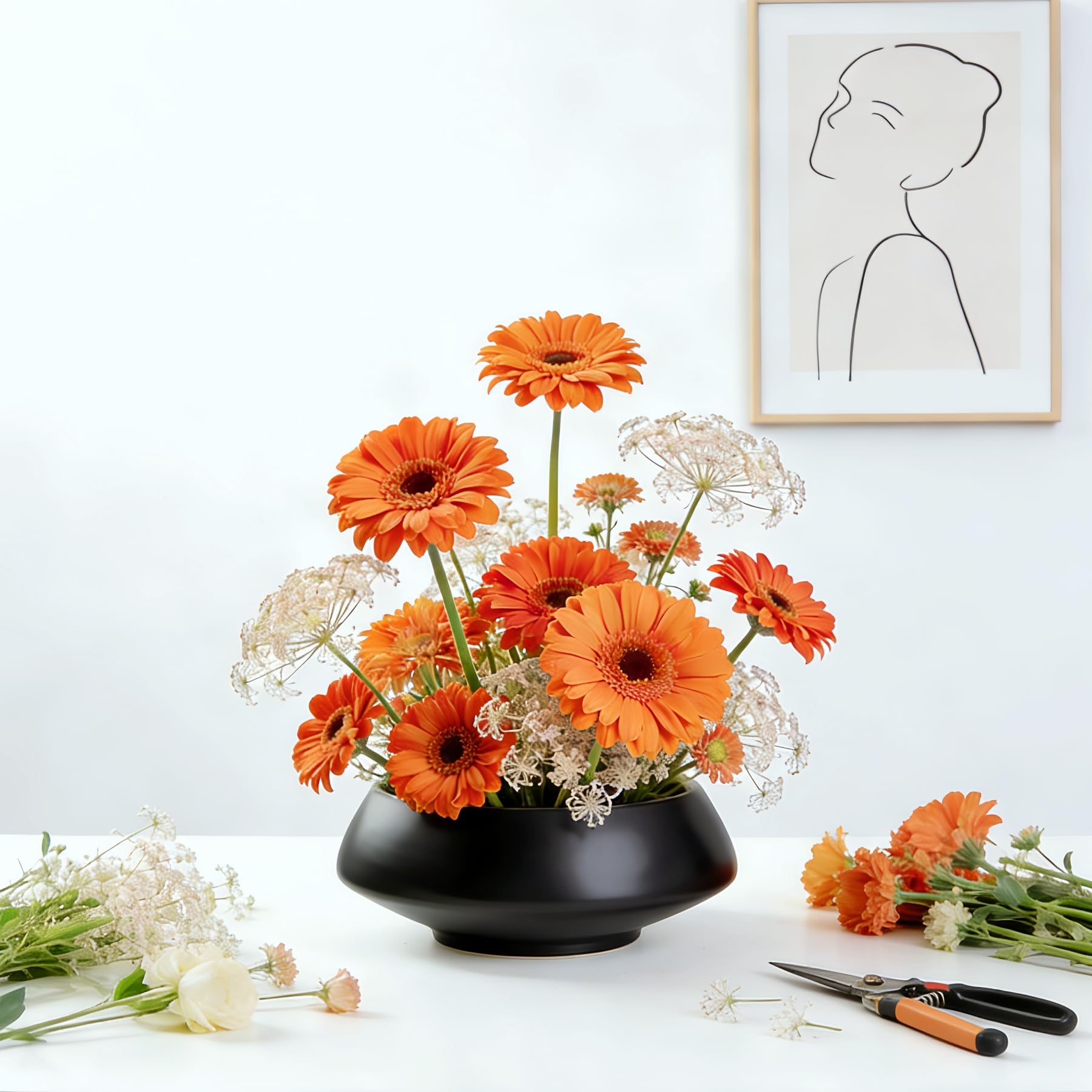 Keramik-Blumentopf-Blumenarrangement-Set, Japanisches Ikebana-Blumen-Kunstbedarf, handgefertigte Blumenschale, dekorative Blumenvase für Tafelaufsätze (groß, schwarz)