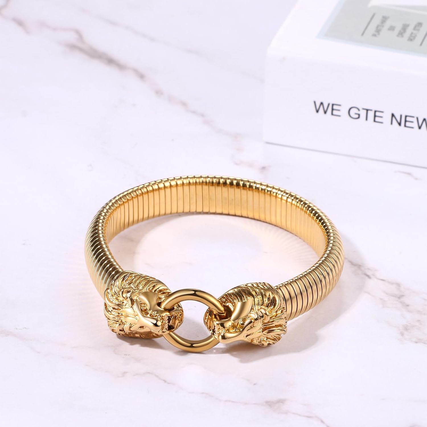 OIDEA Lion Bracelet for Men: Gothic Lion Head Bracelet Gold Stretch Bracelet Stainless Steel Link Curb Chain Bracelet Mens Bracelet Jewelry Gifts