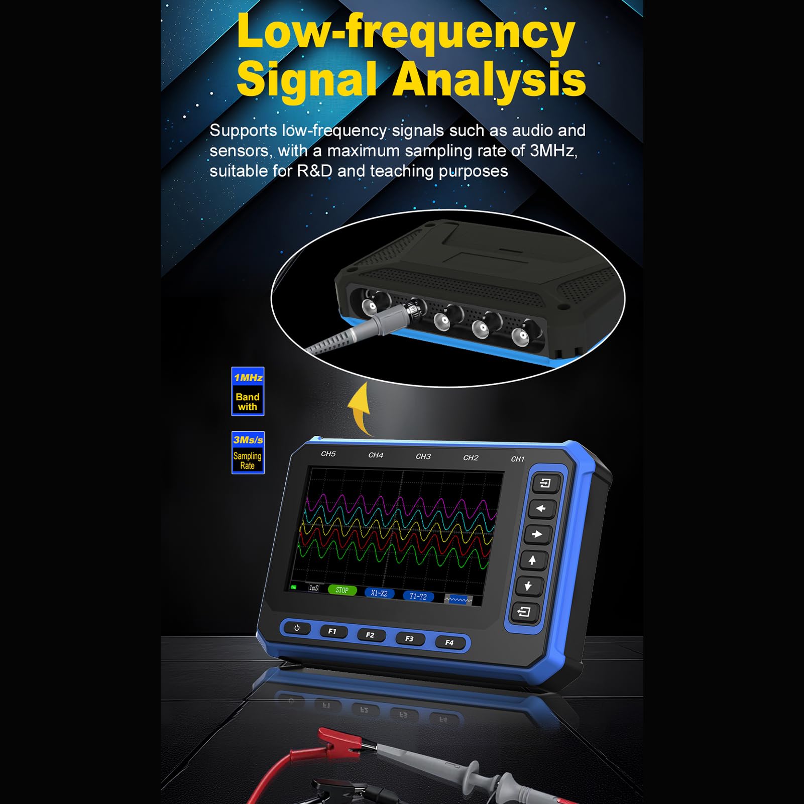 Akozon Oscilómetro de Mano Alcance Digital Analizador Portátil de 5 Canales para Señales de Baja Frecuencia Detección Automática Control Industrial Sistemas Integrados (Versión WIFI + Set 5 Sondas)