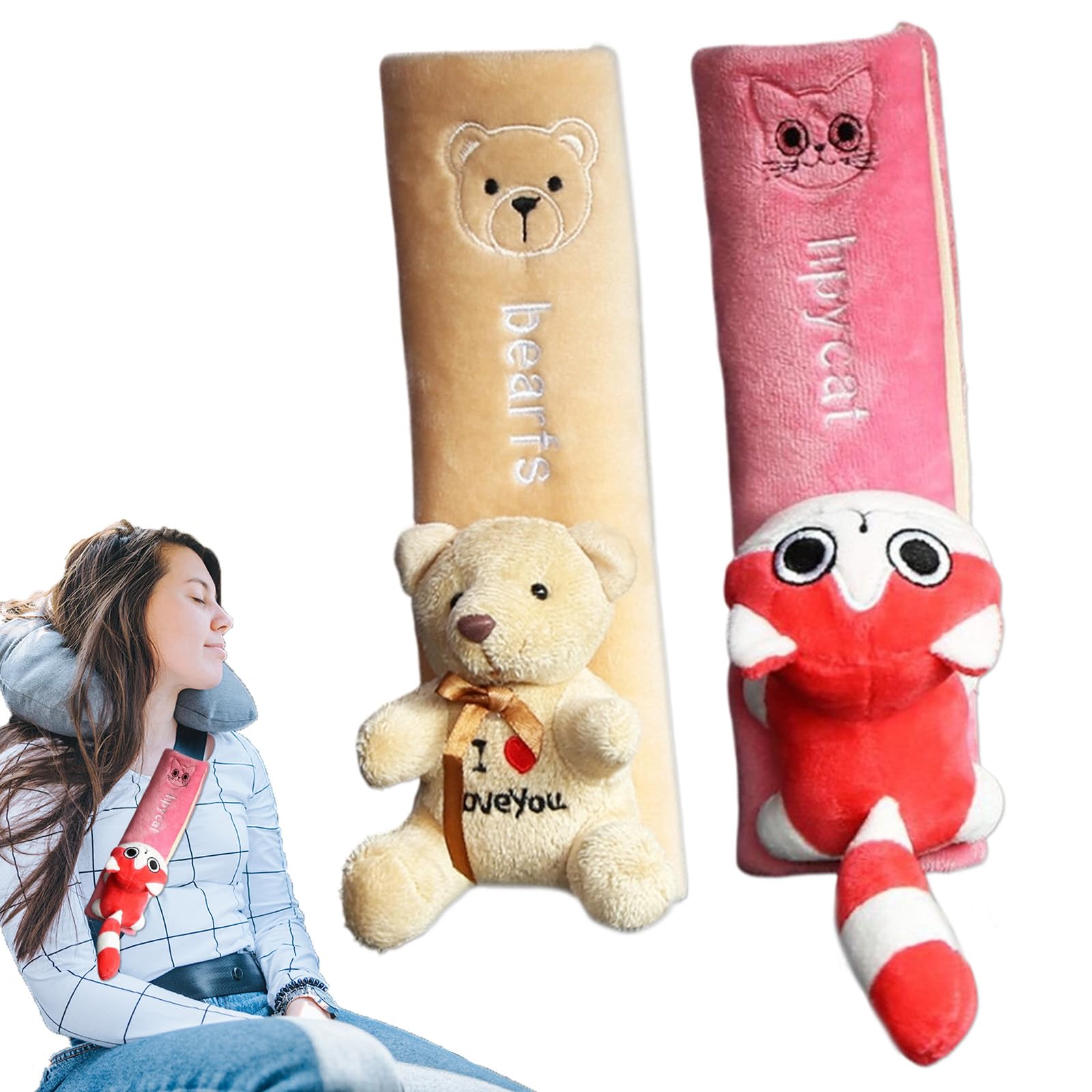 Almohadillas cinturón Coche niños 2 Unidades, Protectores Acolchados Animales Suaves para Seguridad Infantil, Beige y Rosa, Viaje cómodo y Divertido