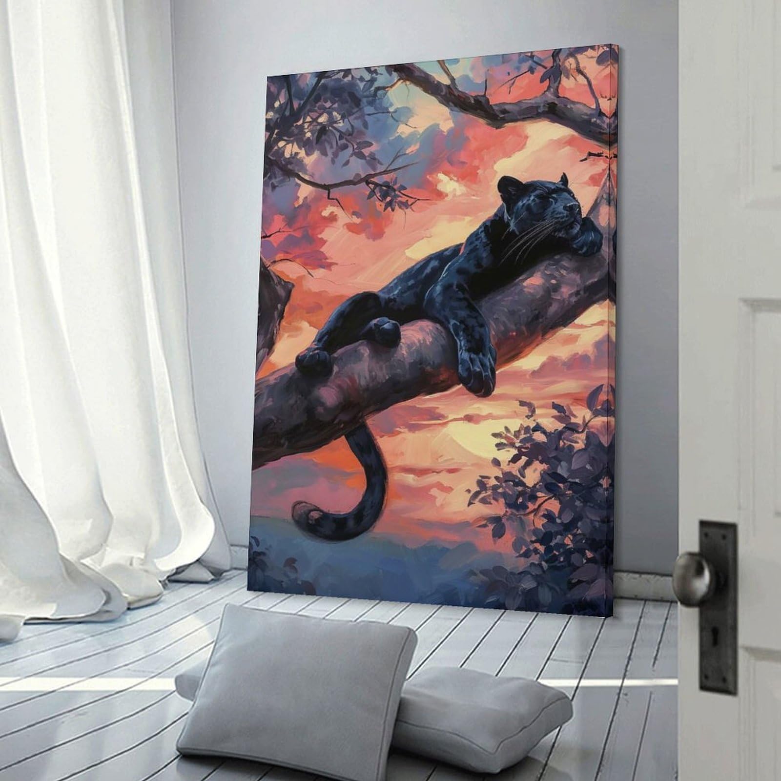 Junmoney Canvas Art Print Panther Sunset Slumber, 12x18inch(30x45cm), for New Homes, Bedrooms Or Workspaces, Thoughtful Wall Decor for Art Lovers
