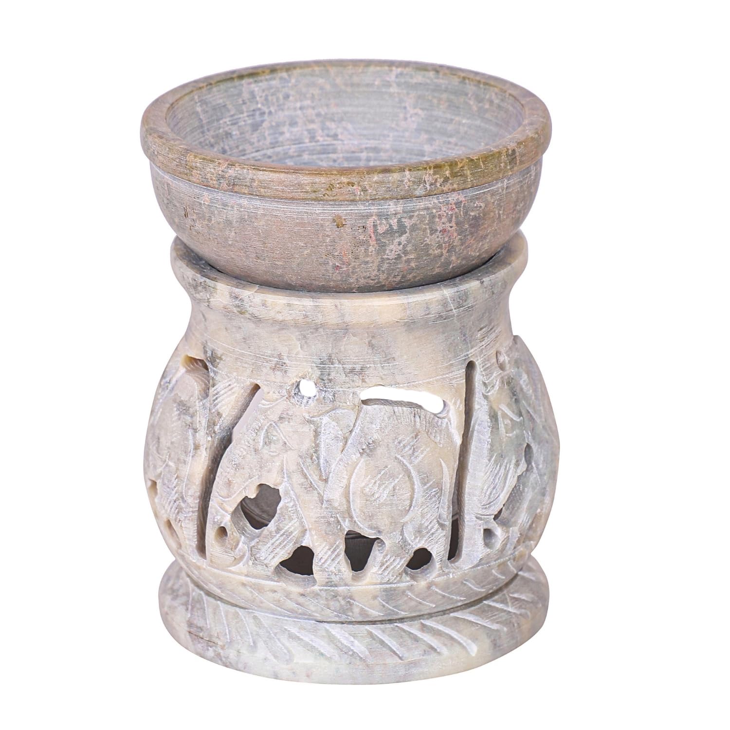 Divit Shilp Essential Oil Diffuser – Handcarved Soapstone Oil Burner & Warmer with Tea Light Holder for Aromatherapy Artisan Crafted with Elegant Tendril Openwork Design (Elephant)