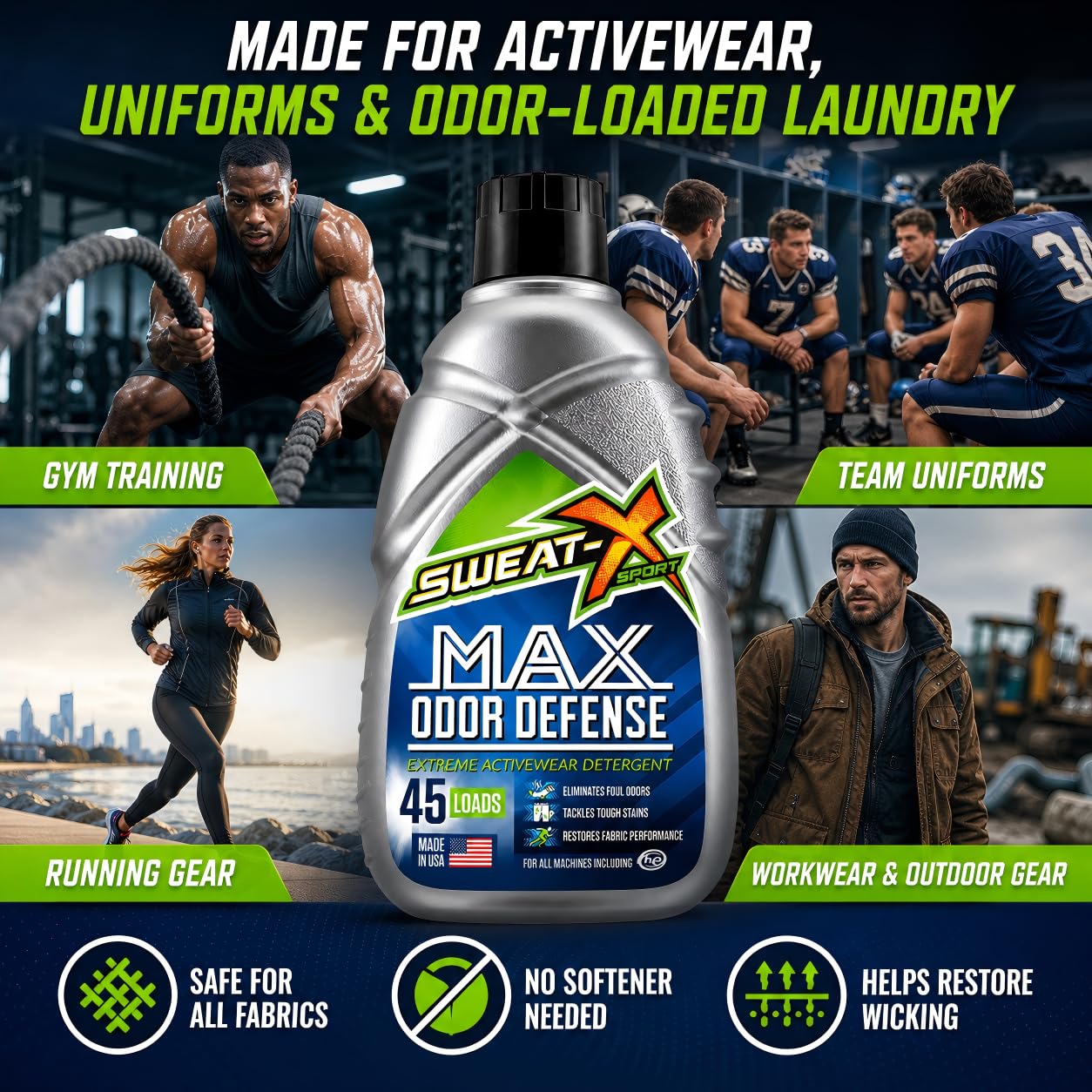 SWEATX X Sport Max Detergent chroniący przed zapachami, najlepsze usuwanie zapachów do odzieży sportowej i codziennego użytku, 90 prań (opakowanie 2 z 45 butelkami)